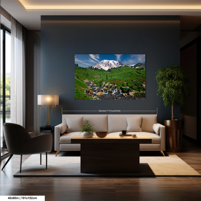 a living room with a large picture on the wall