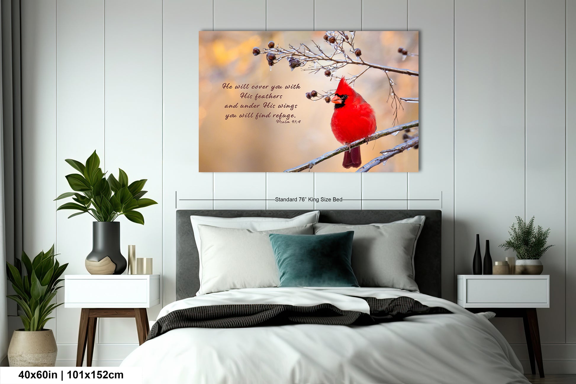 a cardinal sits on a branch with a quote above it