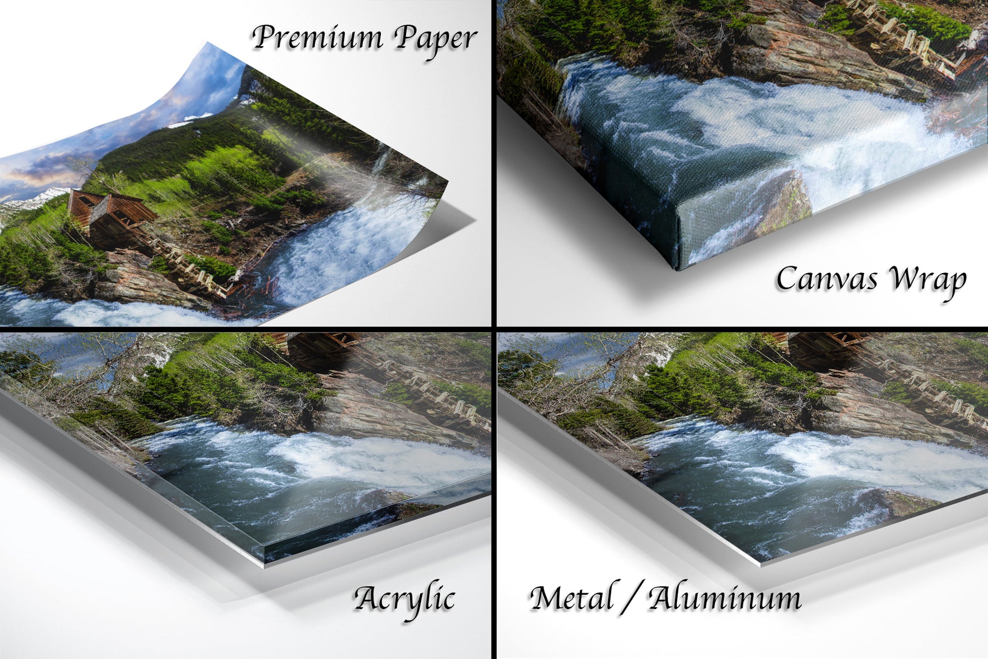 four different views of a waterfall in the woods