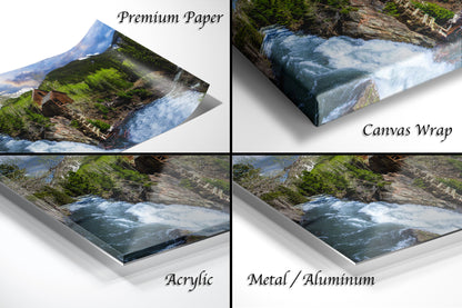 four different views of a waterfall in the woods