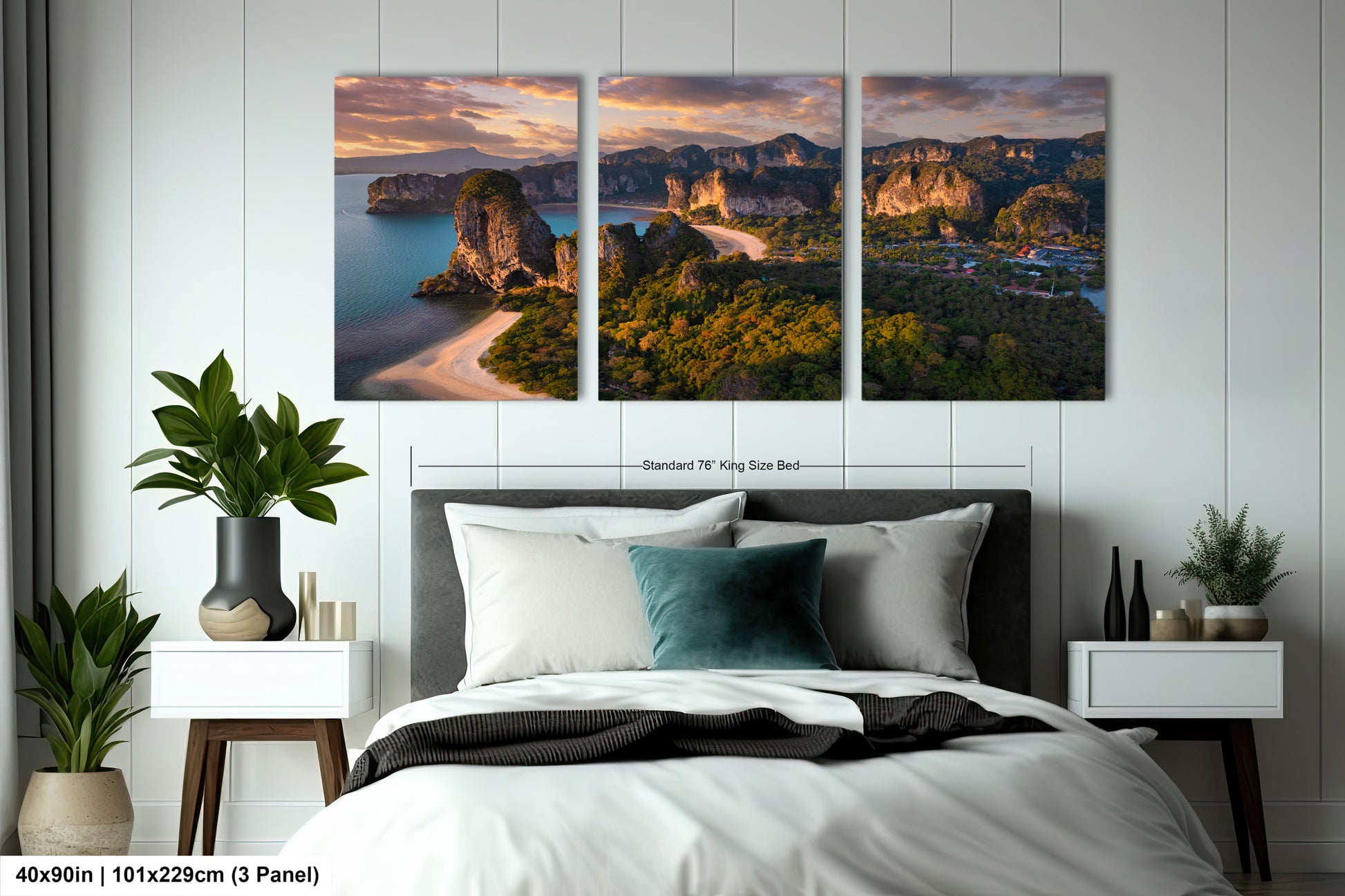 a bedroom with a bed and two paintings on the wall
