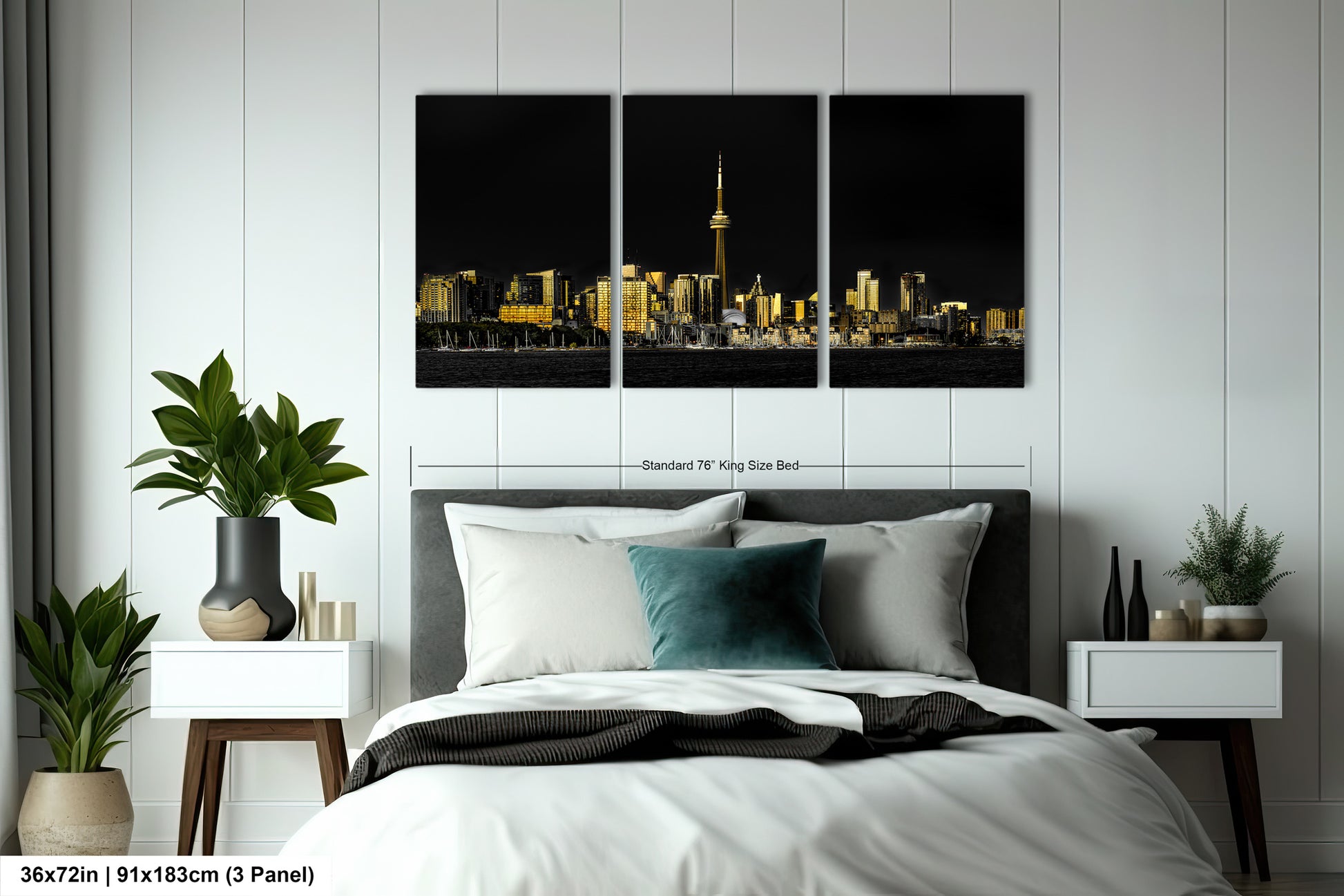 a bedroom with a bed and two paintings on the wall