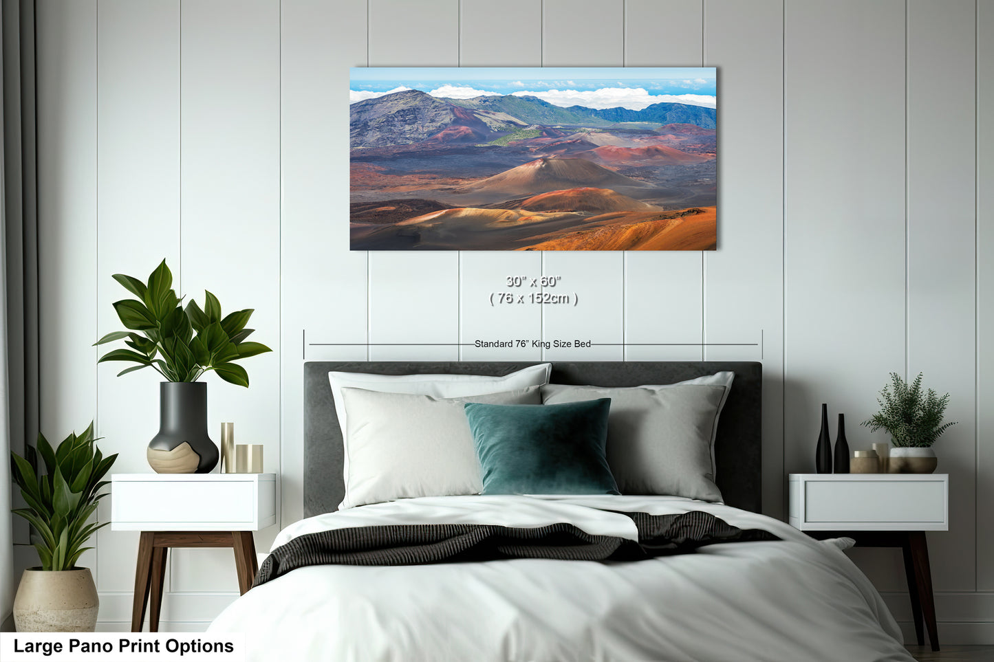 A large pano print depicting a mountainous landscape with a blue sky and clouds, hanging on a wall above a bed with white bedding and a green pillow.