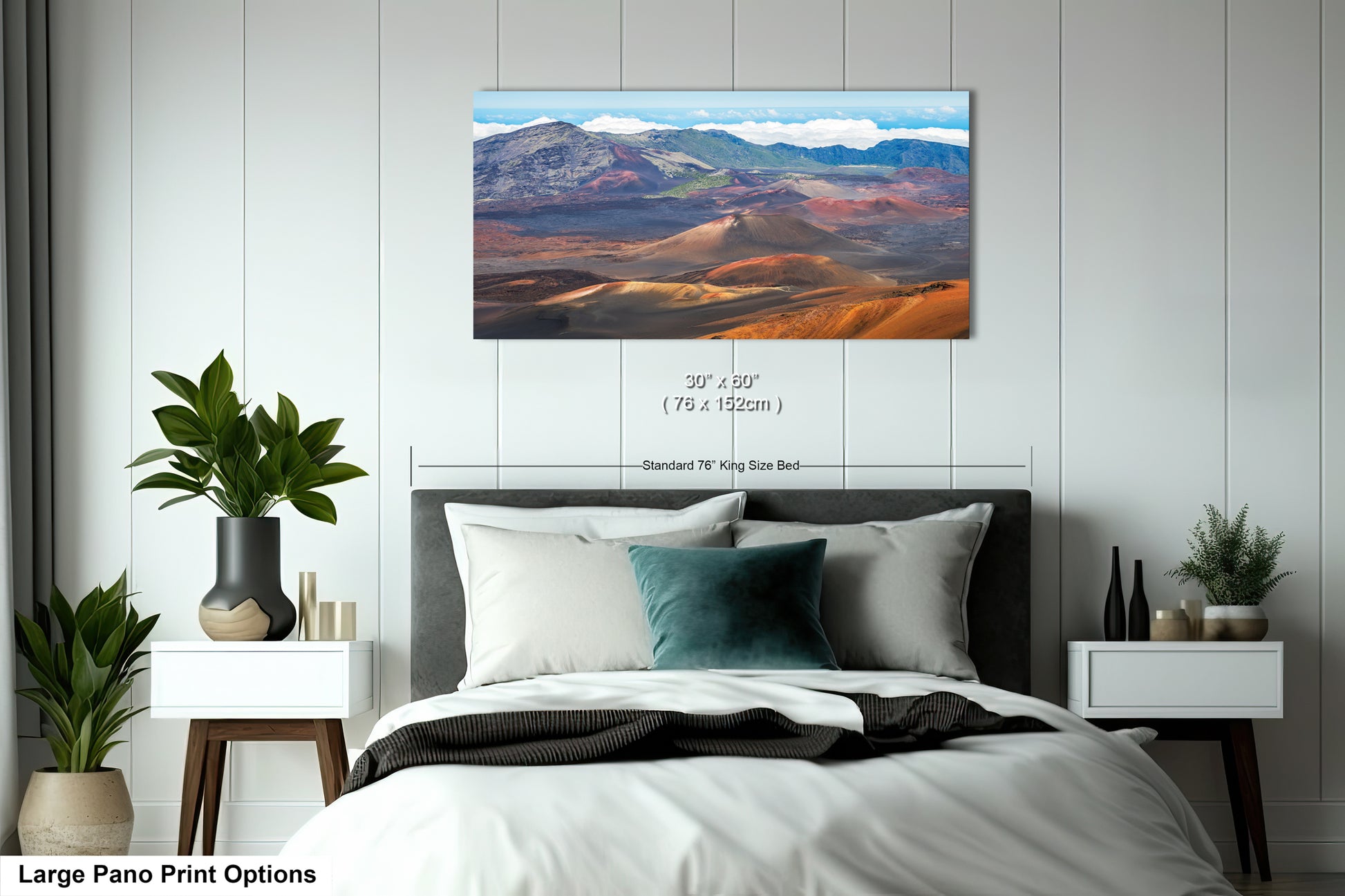 A large pano print depicting a mountainous landscape with a blue sky and clouds, hanging on a wall above a bed with white bedding and a green pillow.
