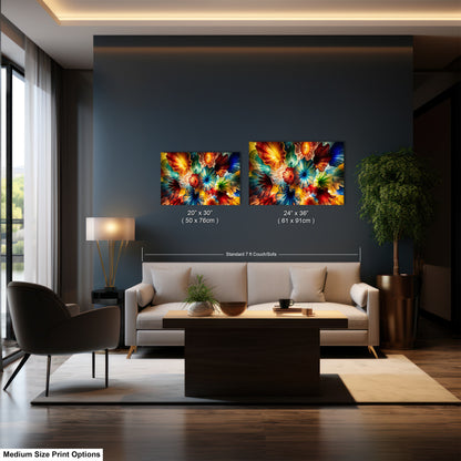 a modern living room with a large abstract painting on the wall, a white sofa, a coffee table, and a large window.