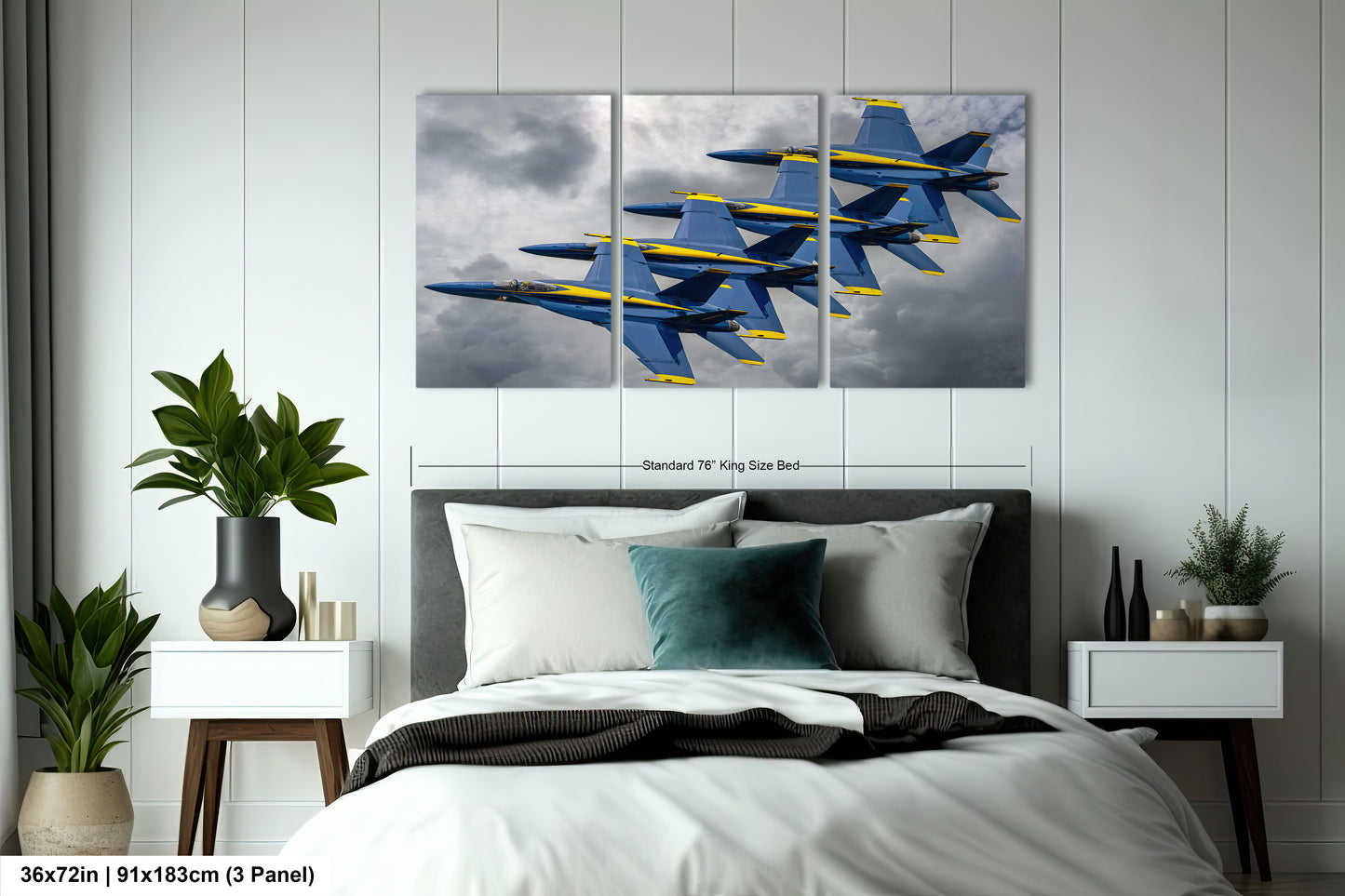 a bedroom with a bed and a painting on the wall