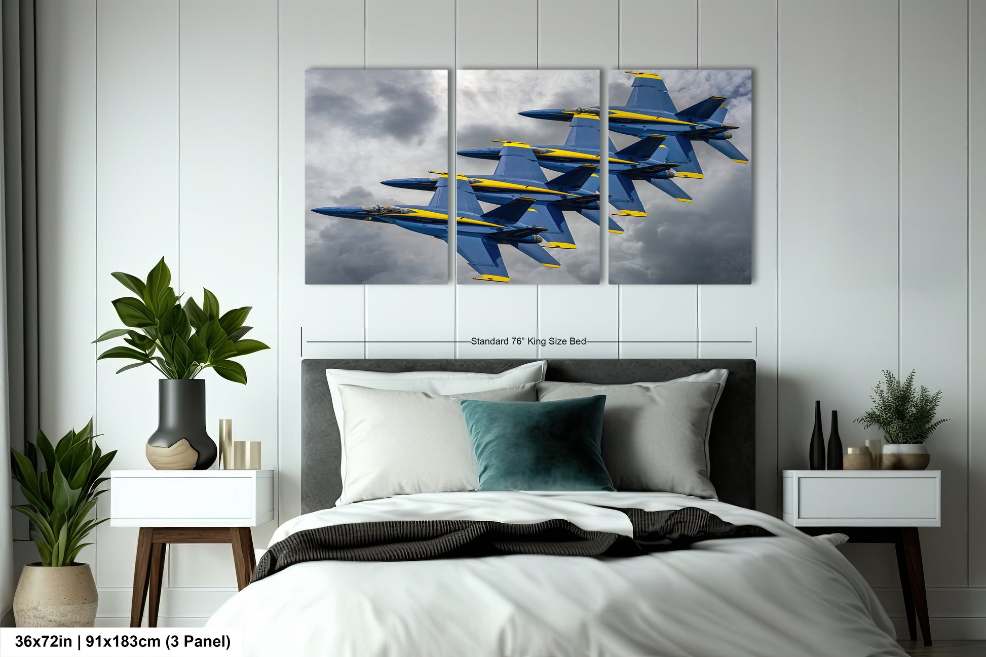 a bedroom with a bed and a painting on the wall