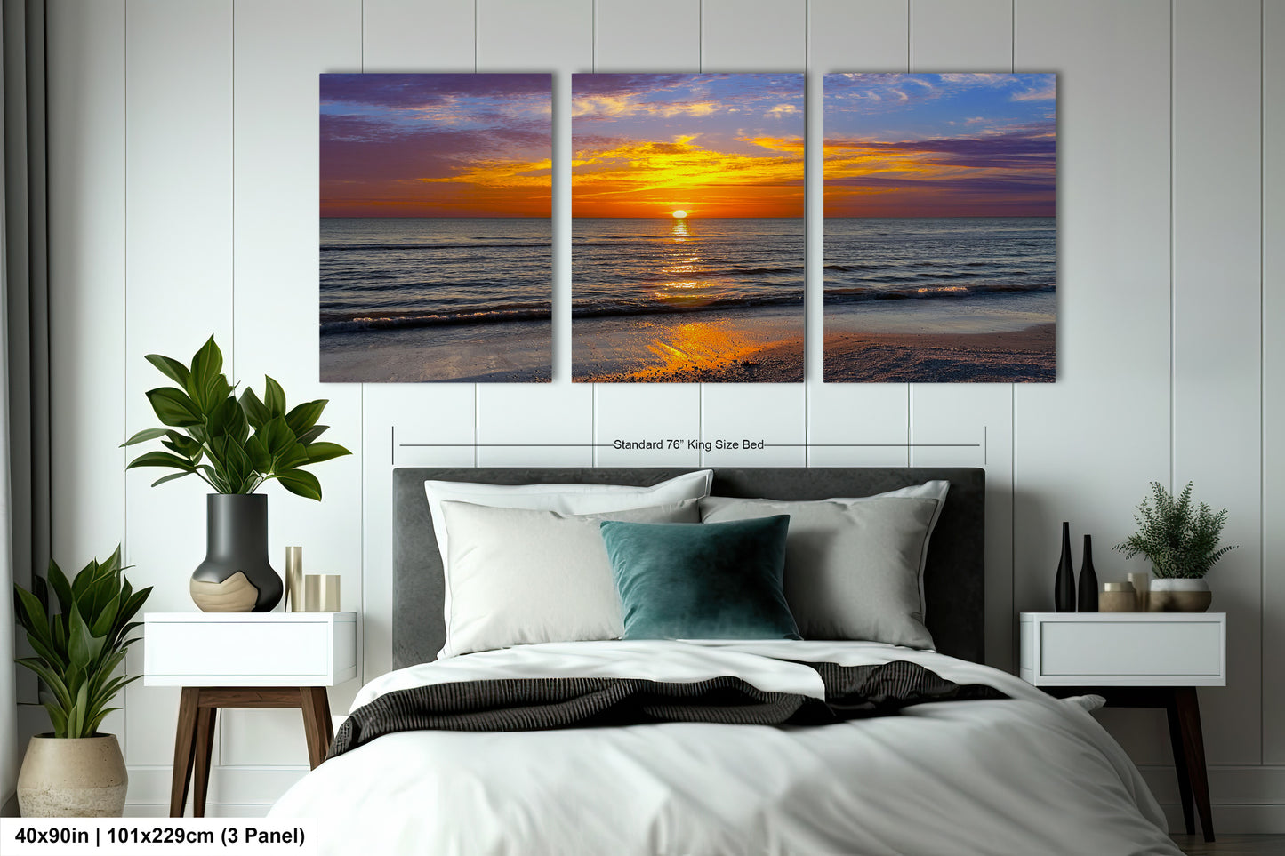 a bedroom scene with a bed and two paintings on the wall