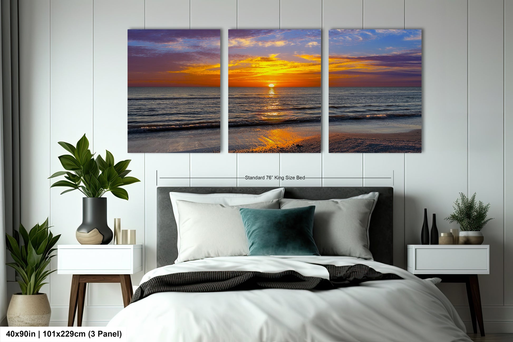a bedroom scene with a bed and two paintings on the wall