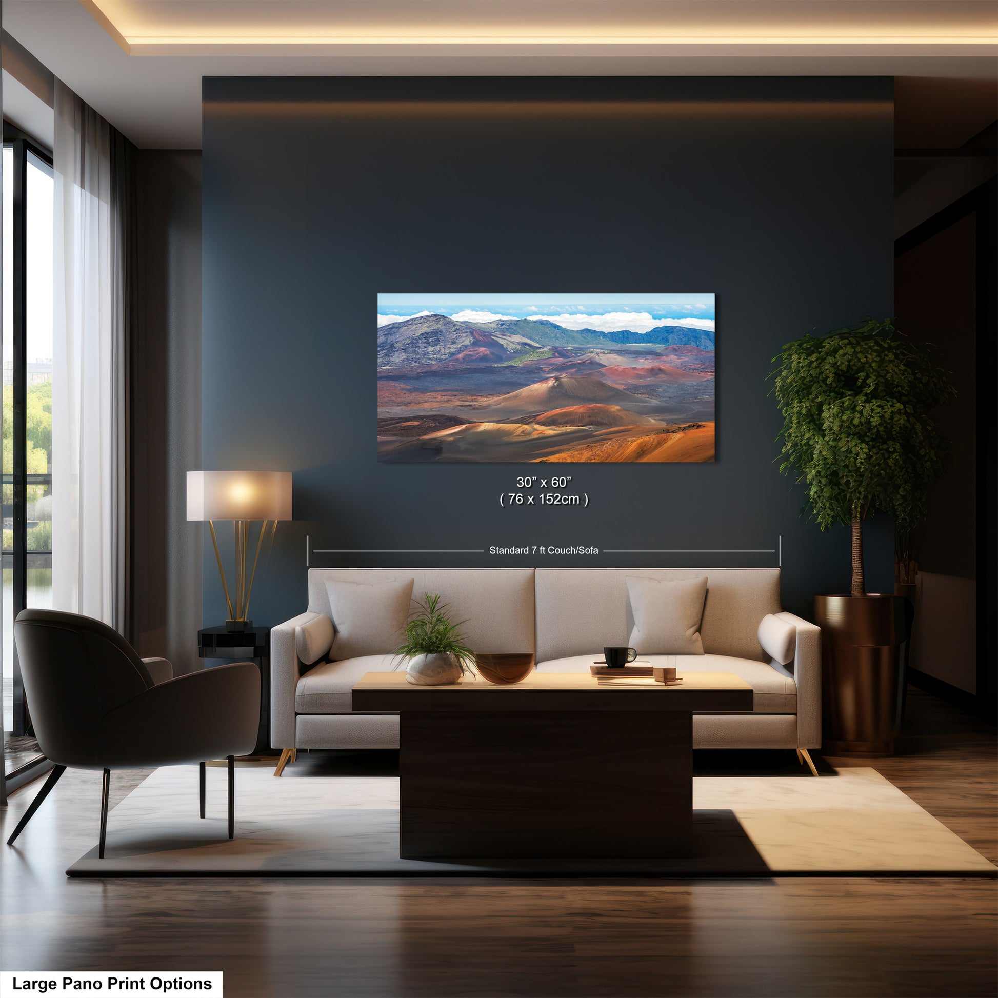 A modern living room with a large landscape painting hanging on the wall, a sofa, a coffee table, and a potted plant.