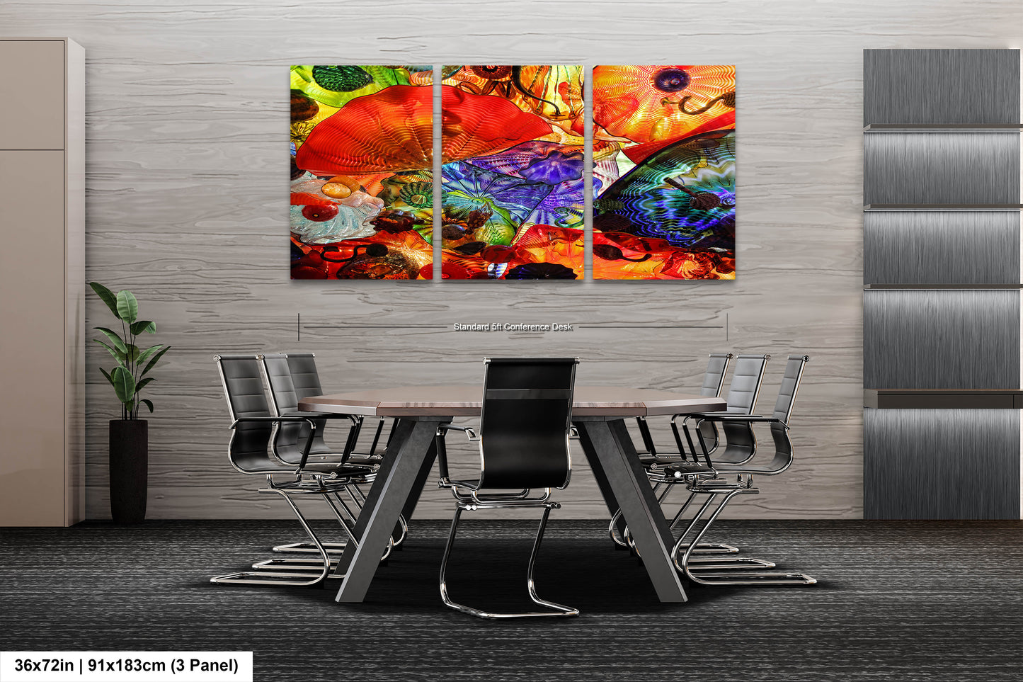 a dining room table with chairs and a painting on the wall