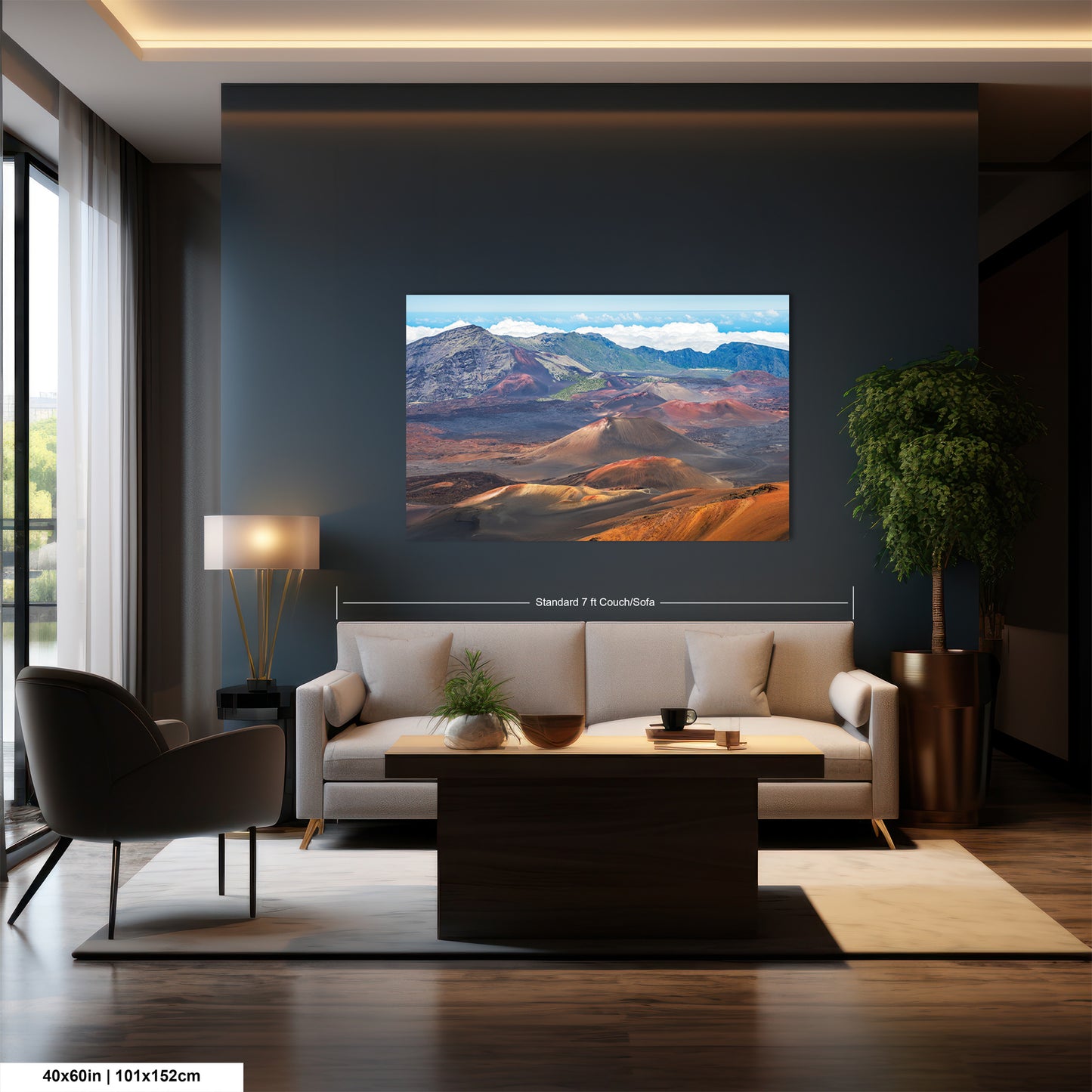 a modern living room with a large wall-mounted painting of a mountainous landscape. The painting is framed in a standard 7' x 8' CouchCoat.