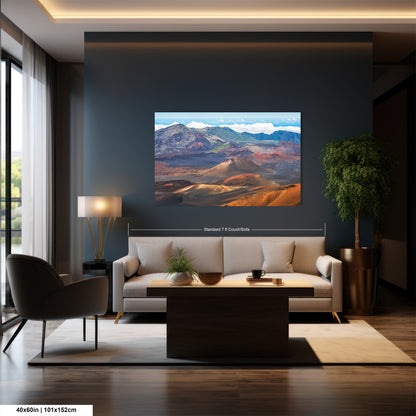 a modern living room with a large wall-mounted painting of a mountainous landscape. The painting is framed in a standard 7' x 8' CouchCoat.