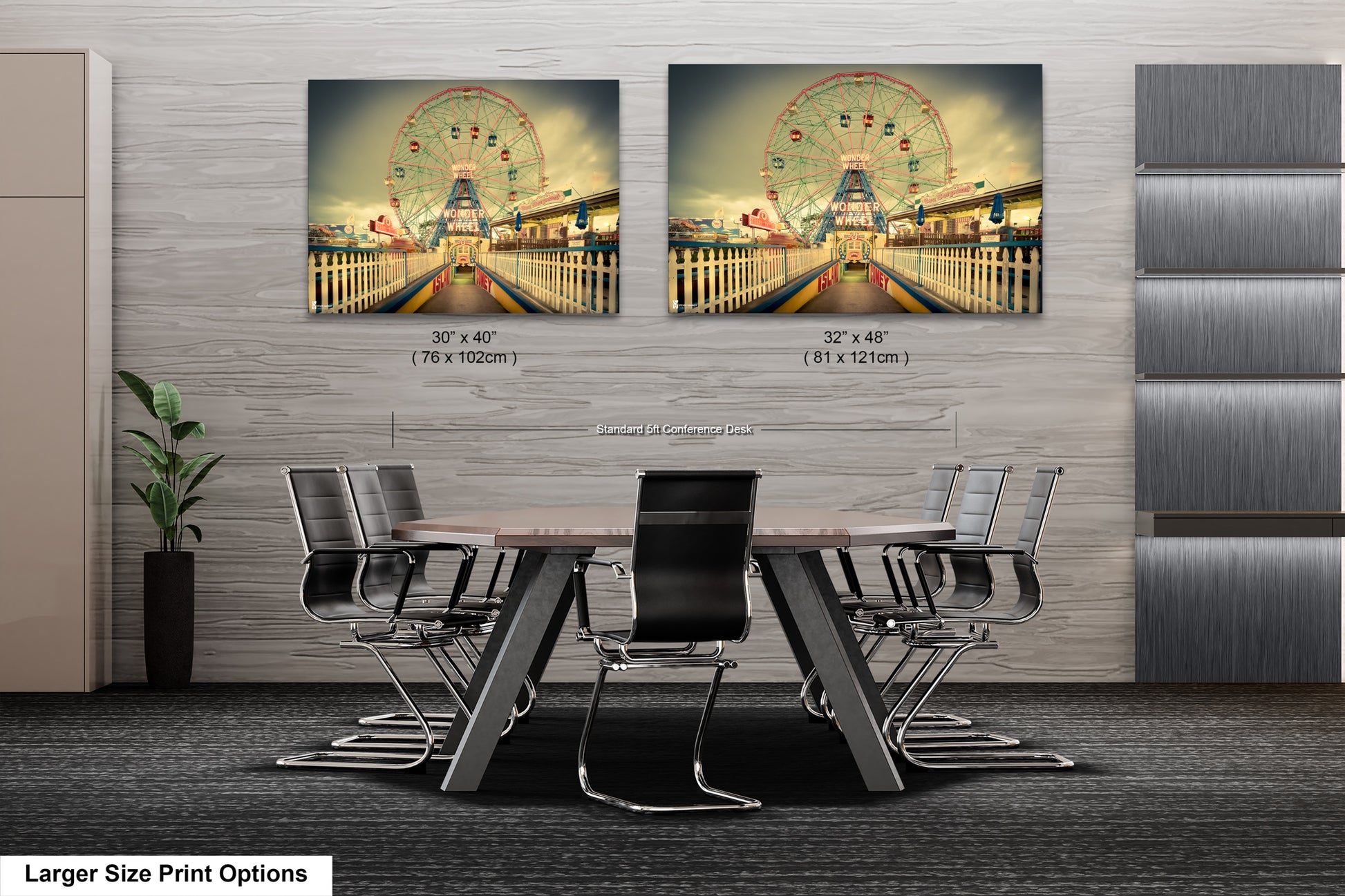 a dining room table with chairs and a ferris wheel in the background