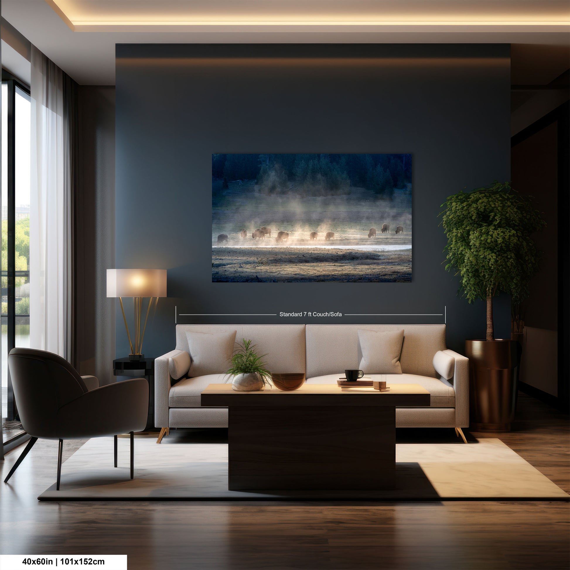 a living room filled with furniture and a painting on the wall