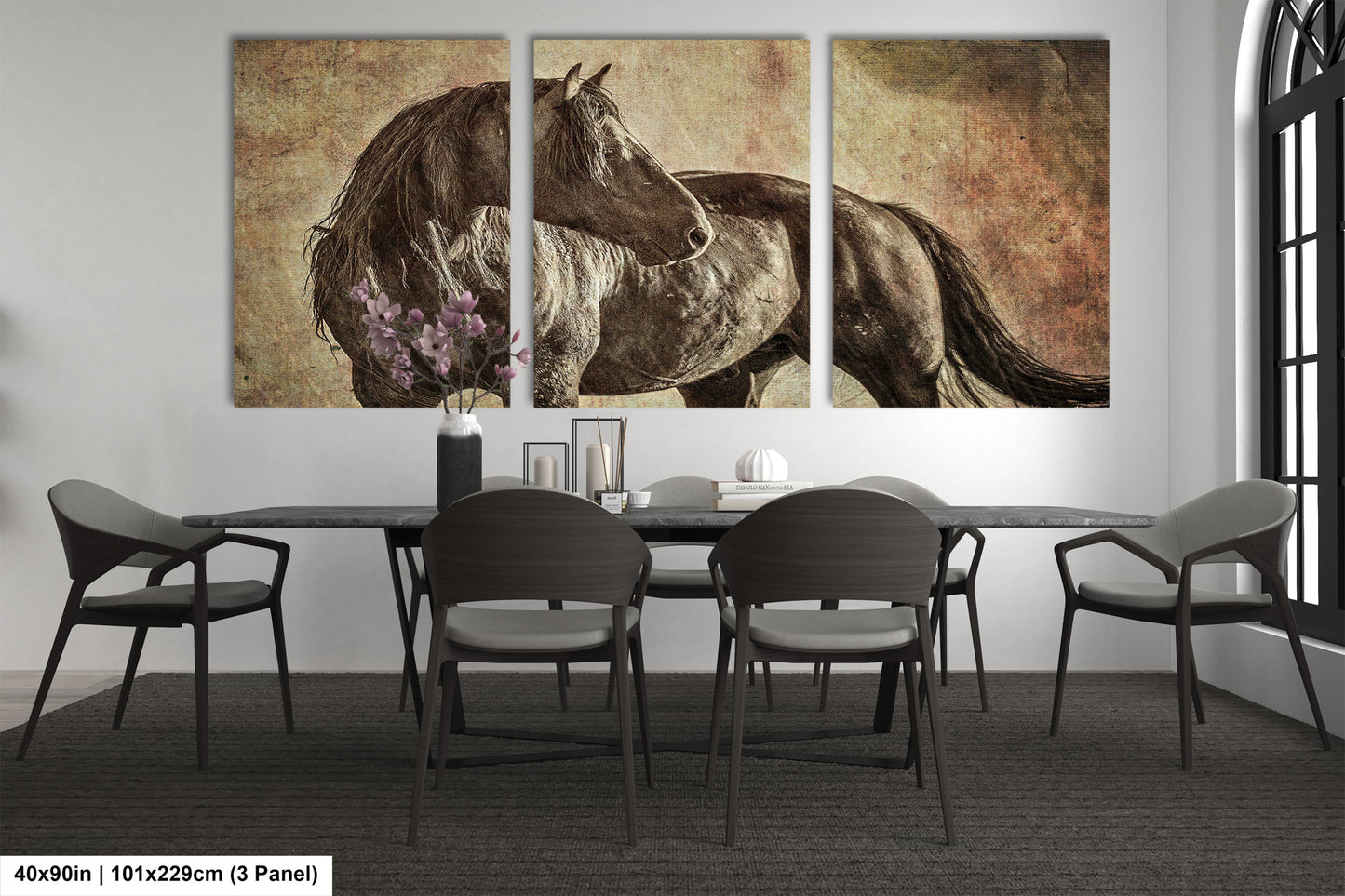 a dining room table with four chairs and a painting of a horse
