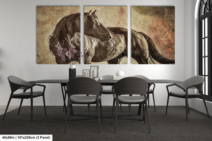 a dining room table with four chairs and a painting of a horse