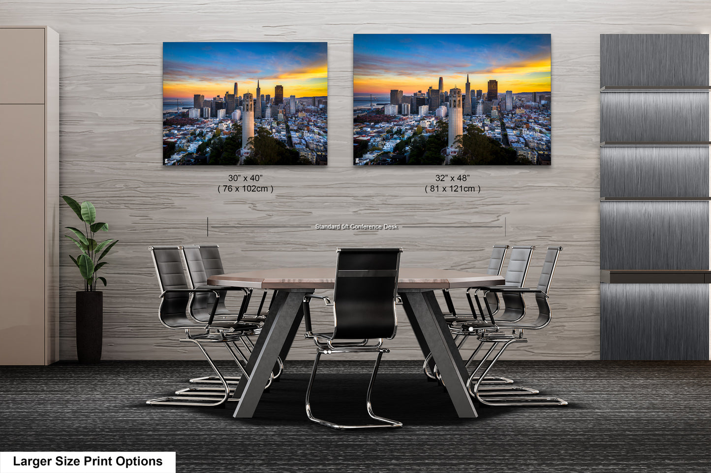 a dining room table with chairs and a picture of a city