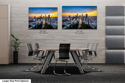a dining room table with chairs and a picture of a city