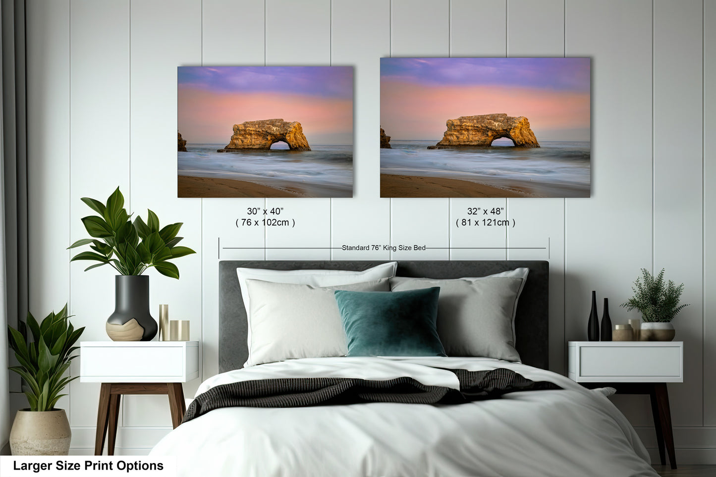 a bedroom with a bed and two pictures of a rock formation