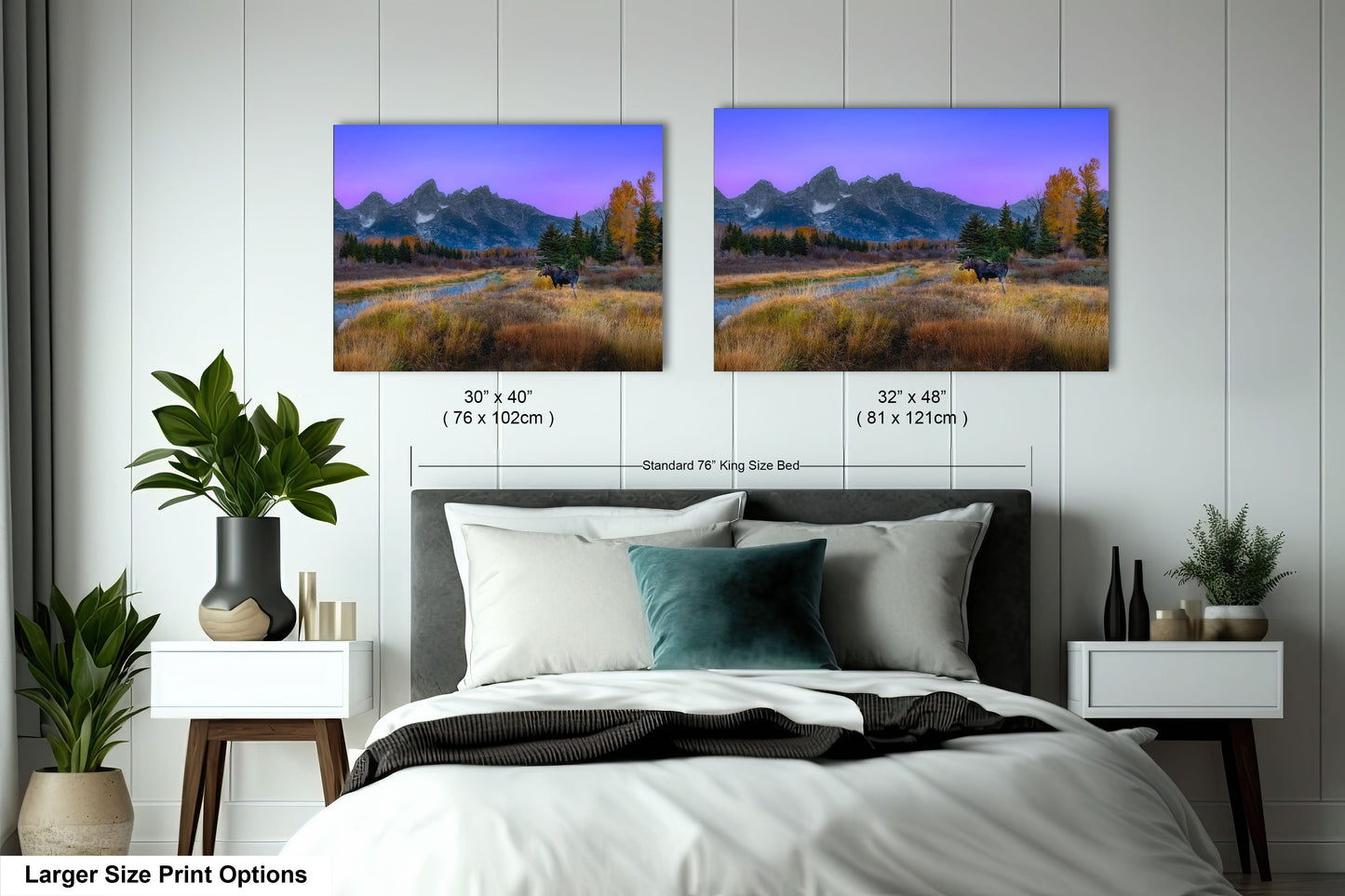 a bedroom with a bed and two pictures on the wall