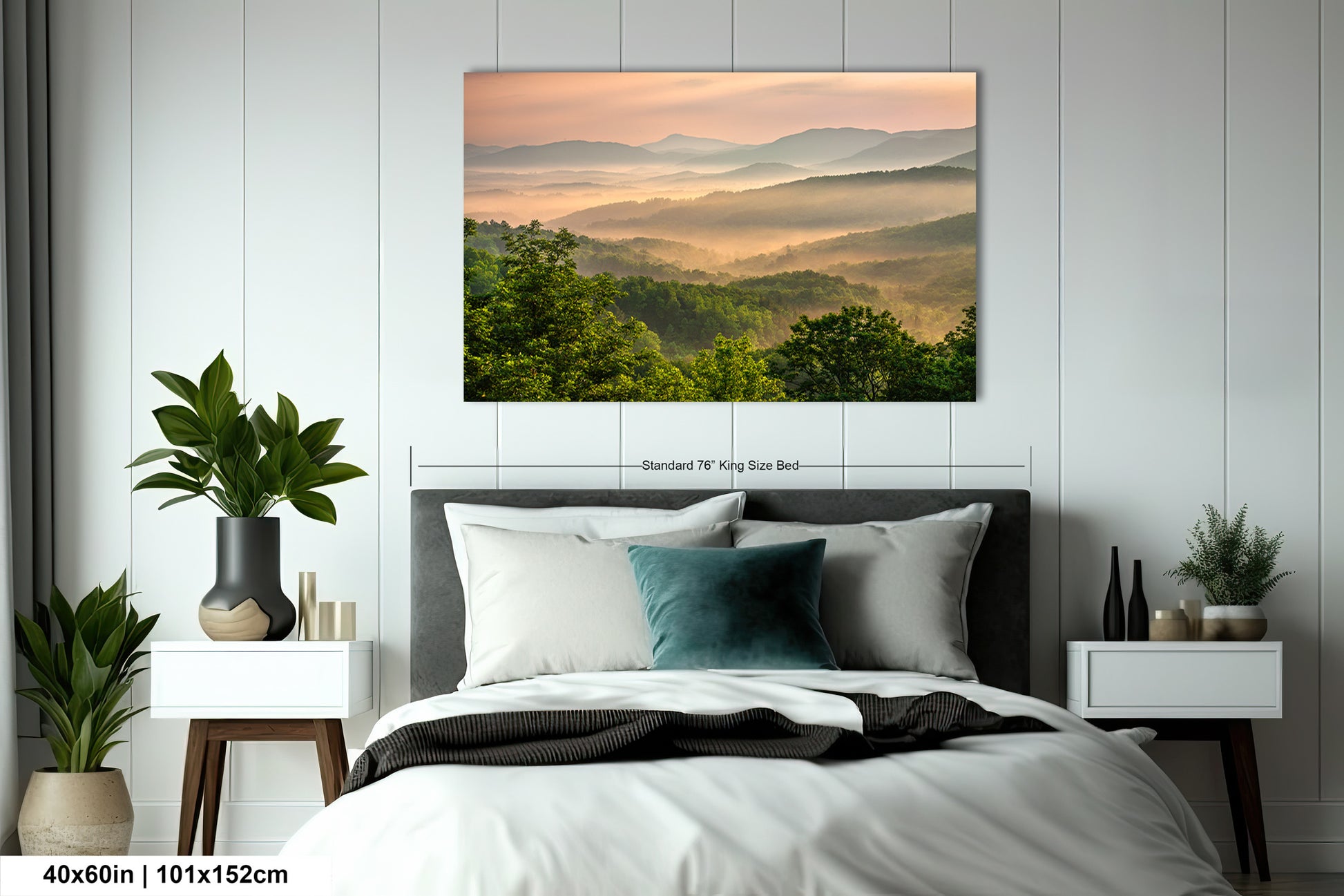a bedroom with a bed and a painting on the wall