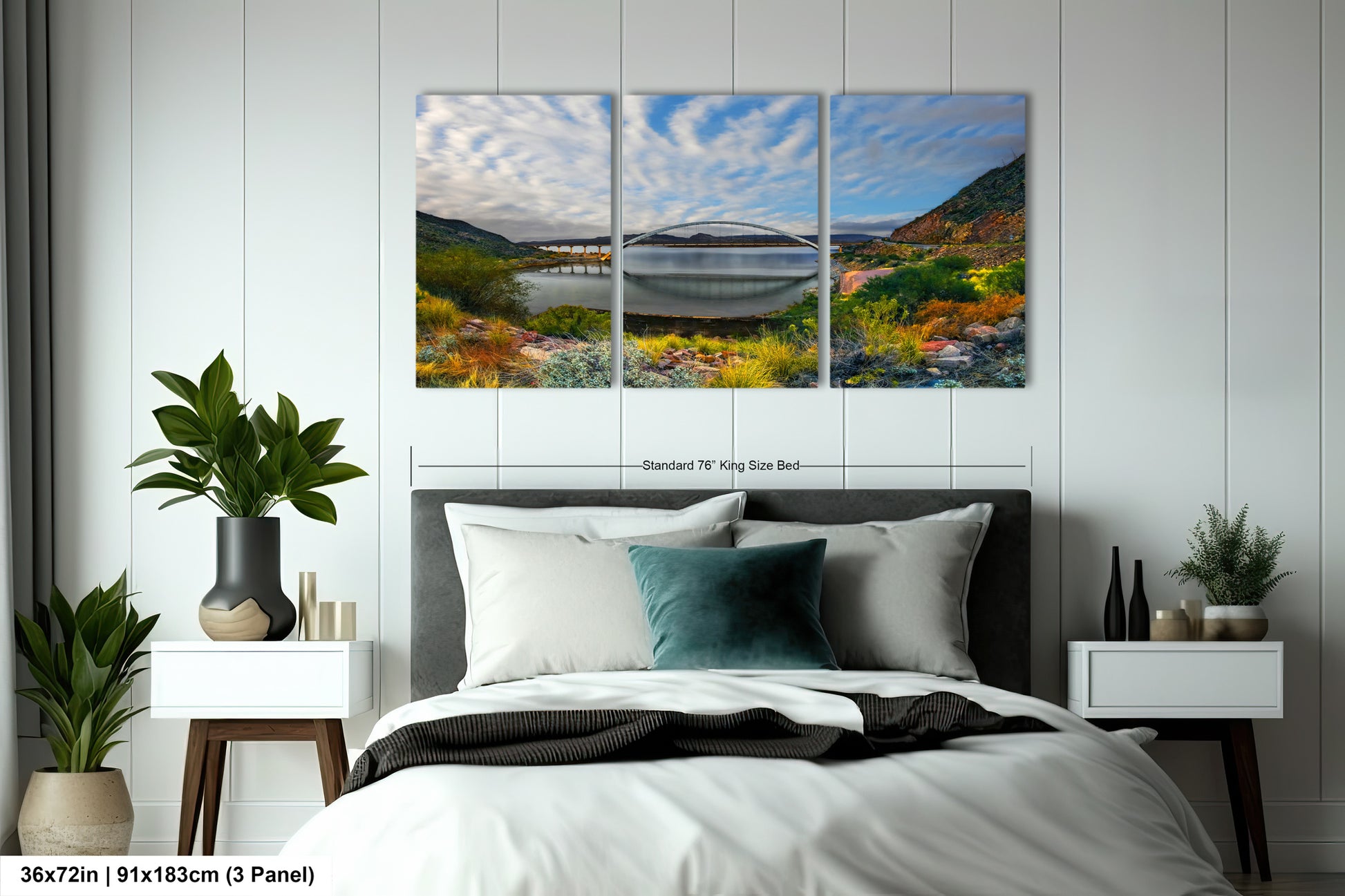 a bedroom scene with a bed and two paintings on the wall