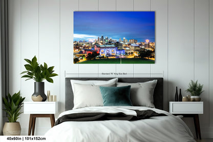 a picture of a city skyline taken from a bedroom