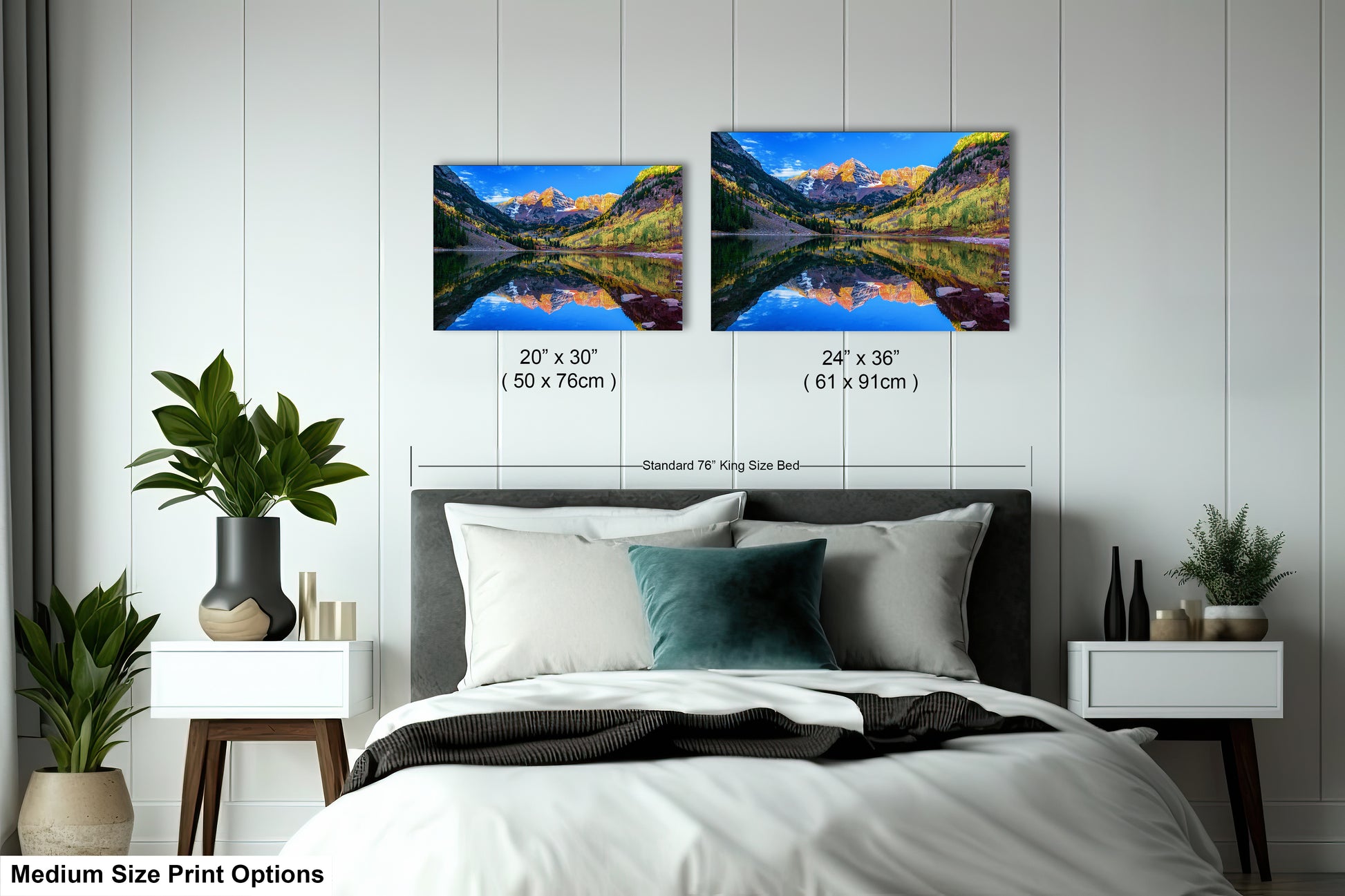 a bed room with a neatly made bed and two pictures on the wall