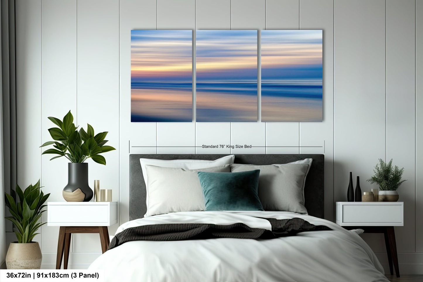 a bedroom scene with focus on the bed and the ocean