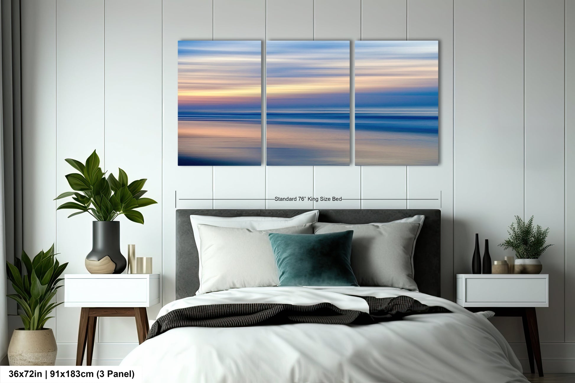 a bedroom scene with focus on the bed and the ocean