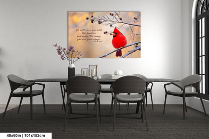 a cardinal sits on a branch in a dining room