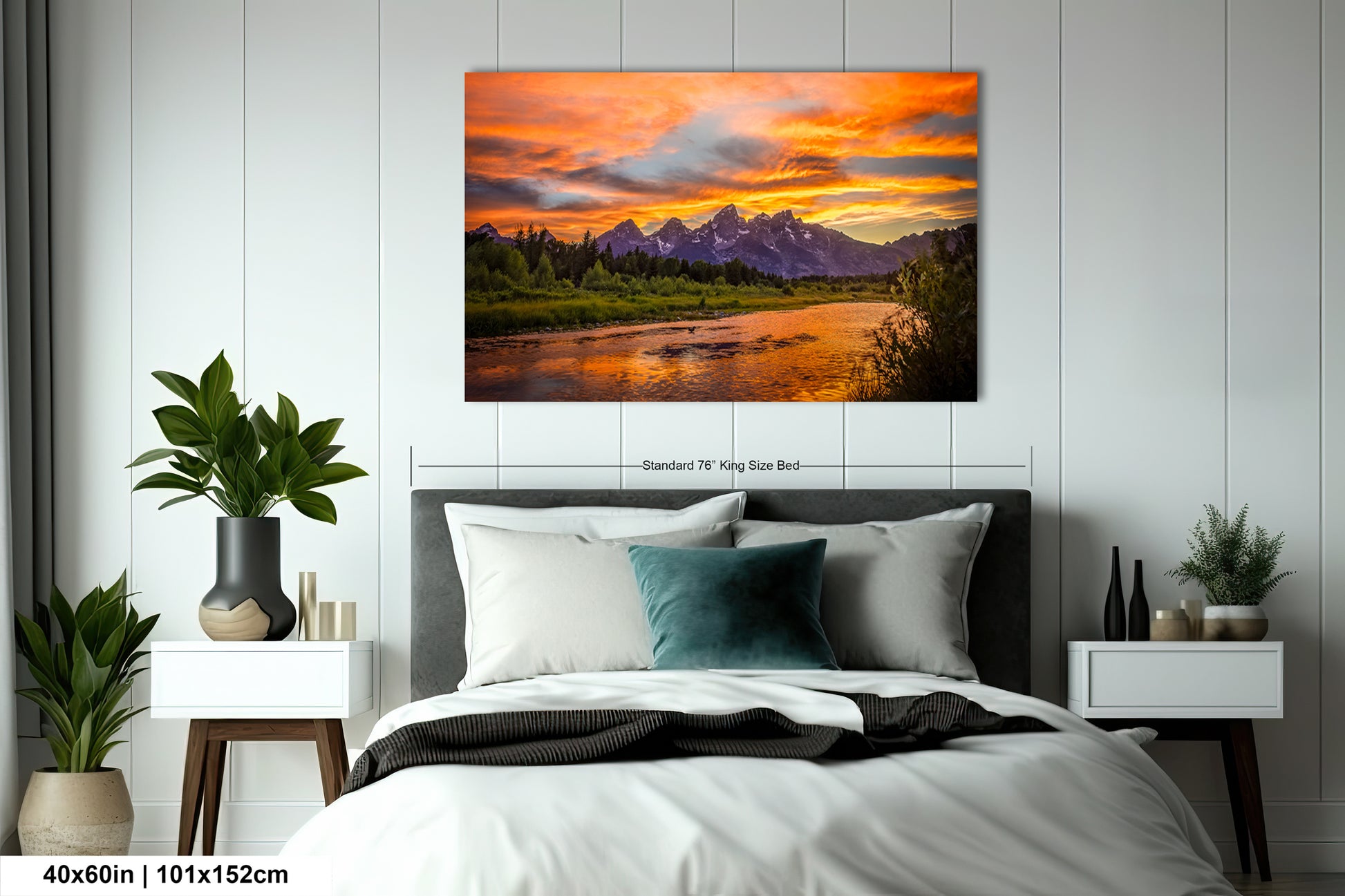 a bedroom with a bed and a painting on the wall