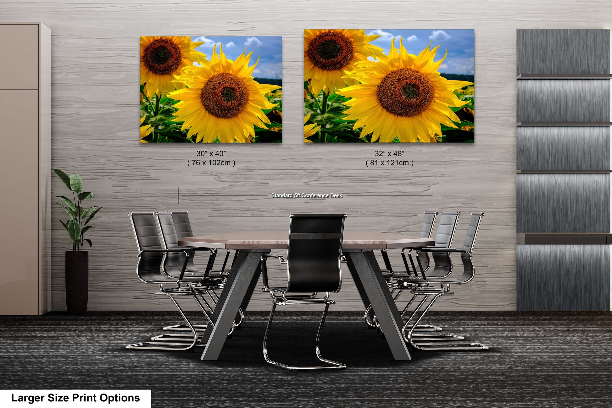 a dining room table with chairs and two pictures of sunflowers on the wall