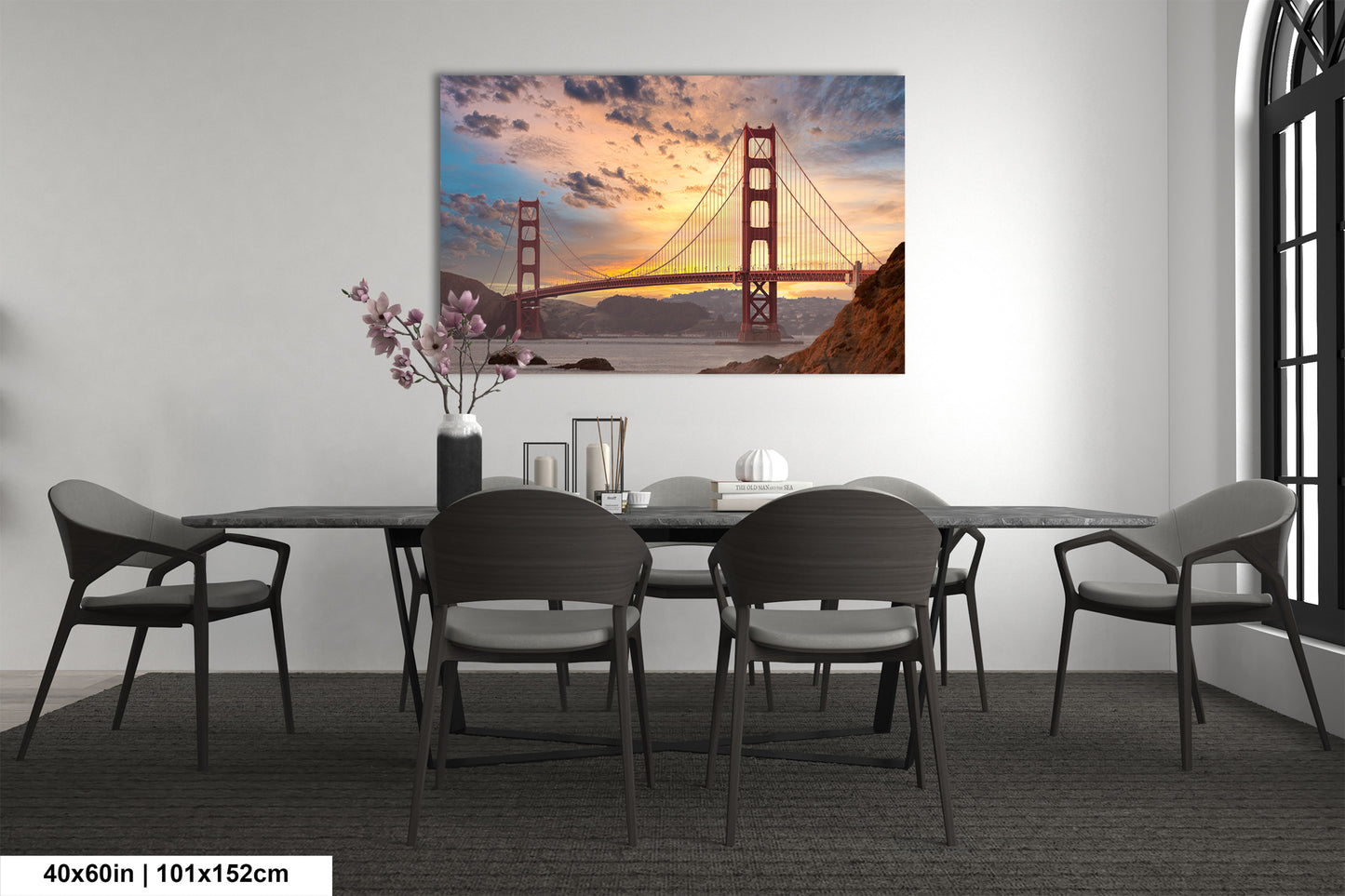 a dining room table with a view of the golden gate bridge
