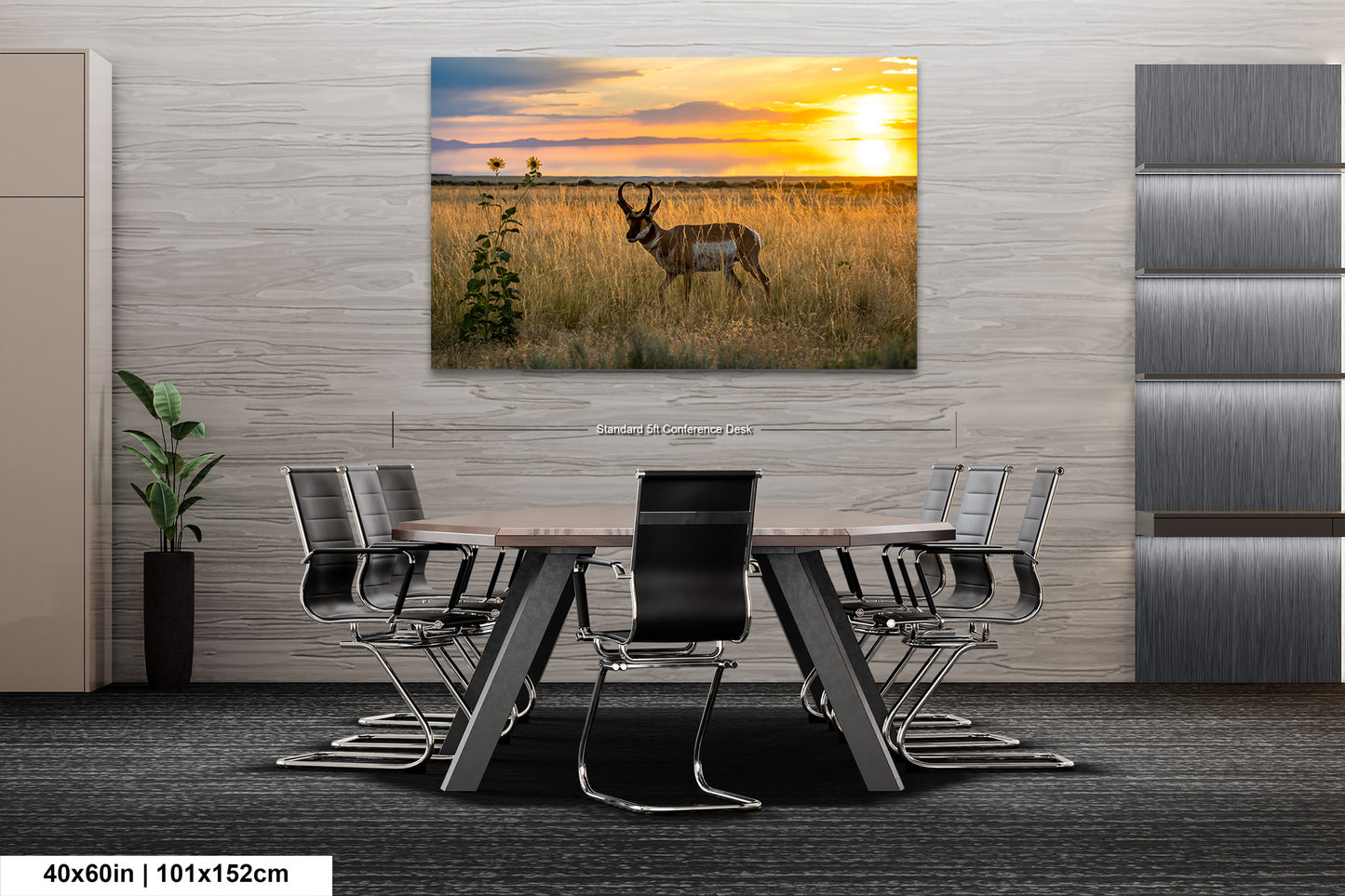 a serene scene of a deer standing in a field at sunset, with a wooden wall and a modern office setting with a large table and chairs.