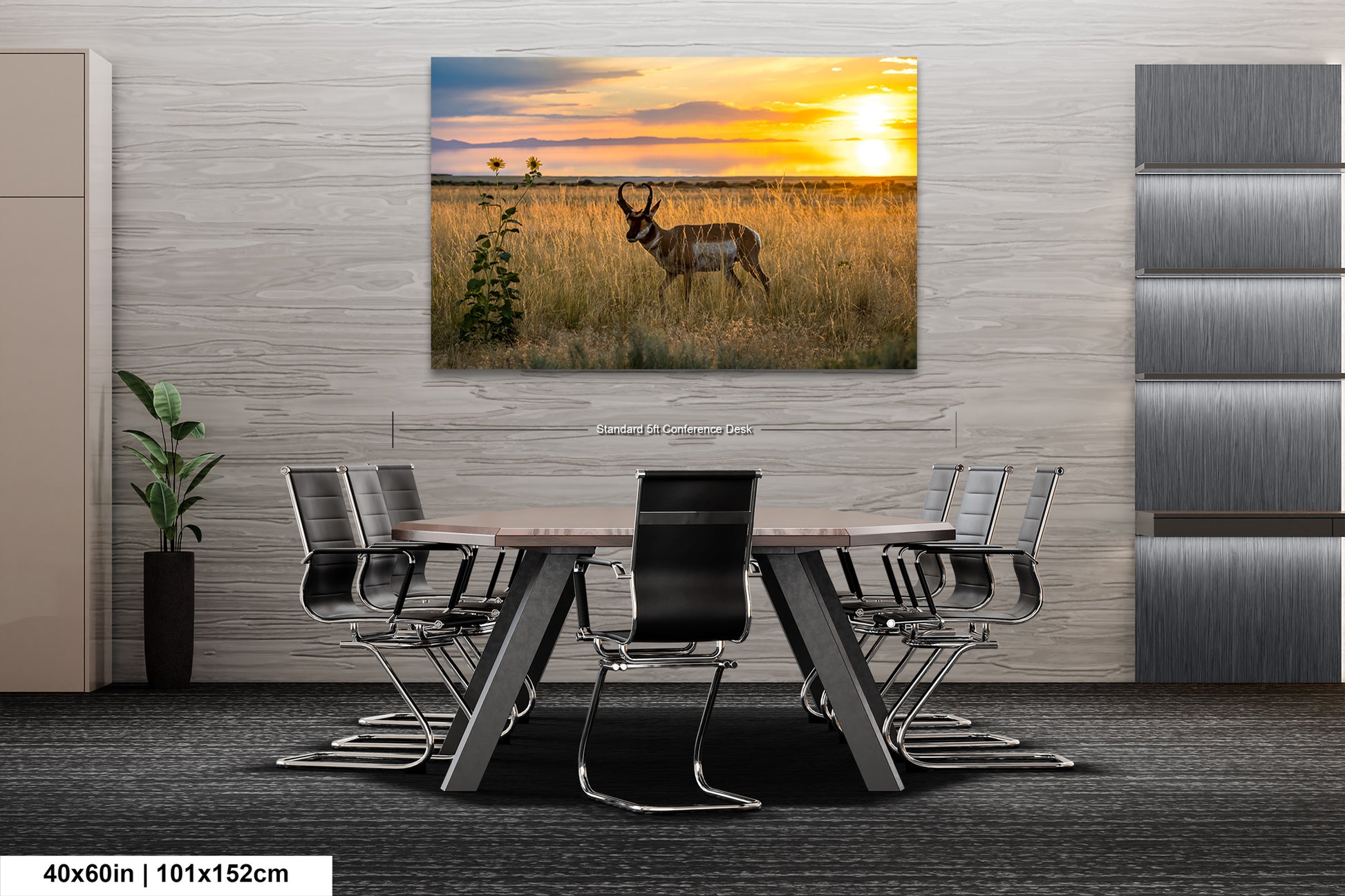 a serene scene of a deer standing in a field at sunset, with a wooden wall and a modern office setting with a large table and chairs.