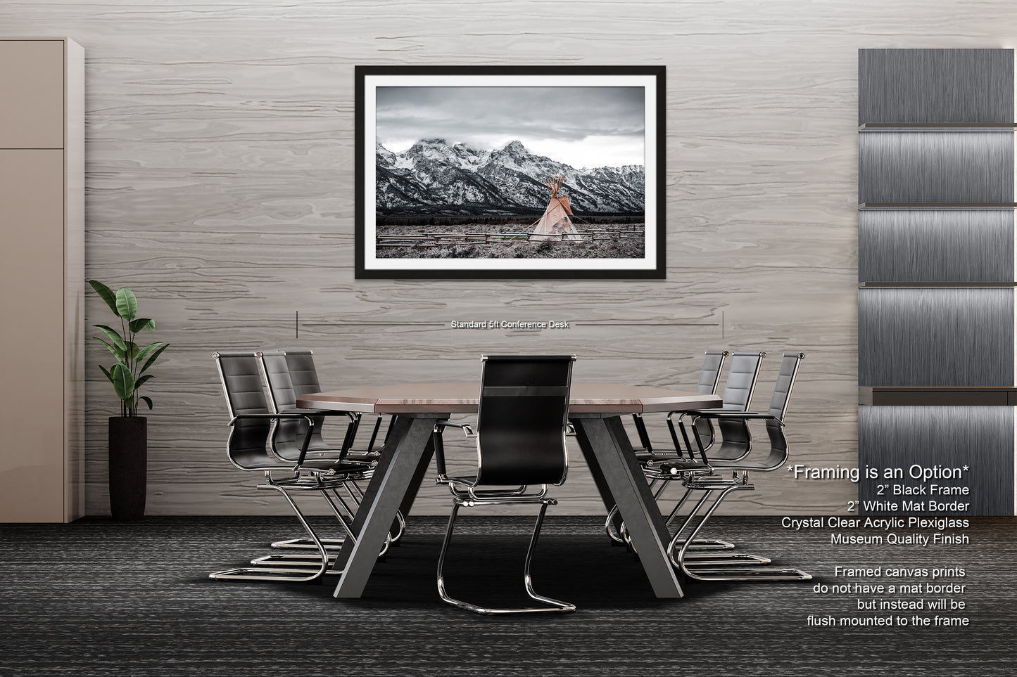 a dining room table with chairs and a picture hanging on the wall