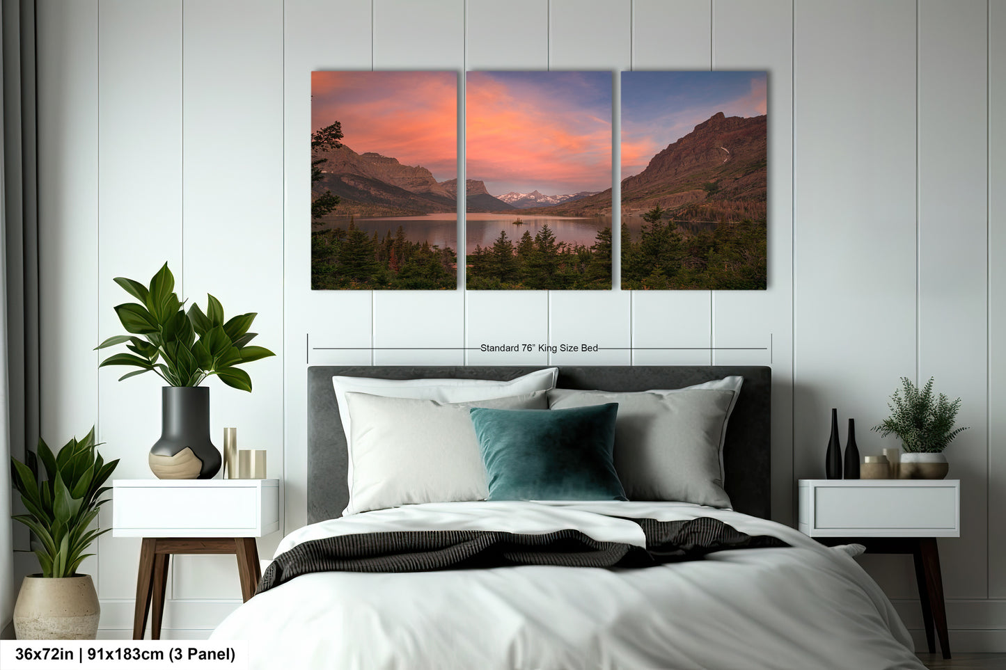 a bedroom scene with a bed and two paintings on the wall