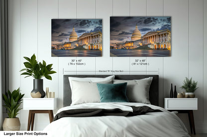 a bed with a white comforter and two pictures on the wall