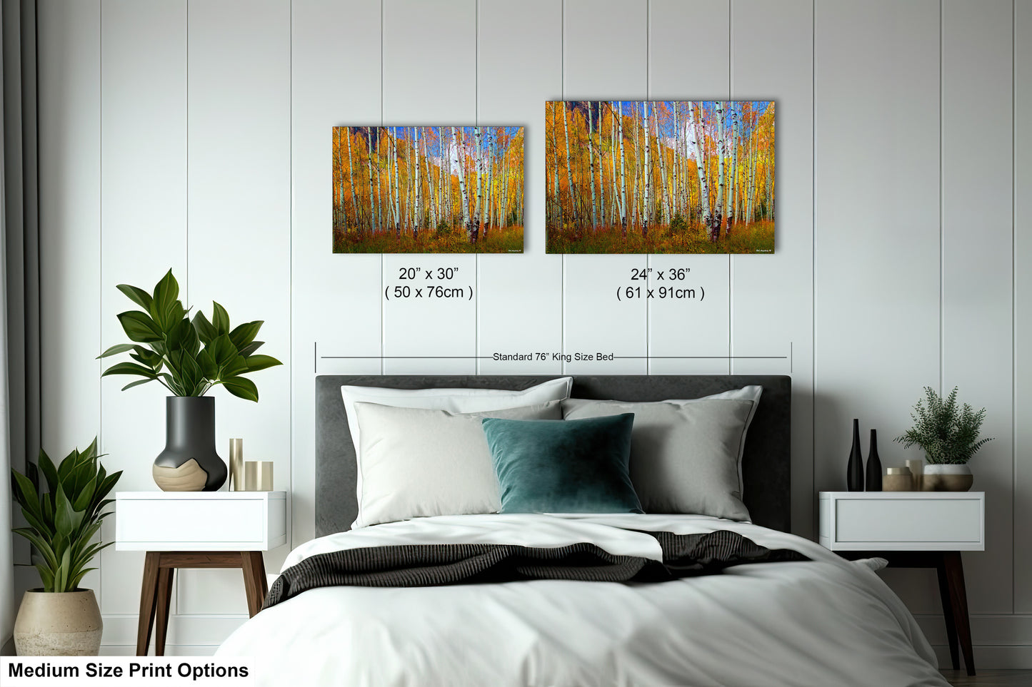 a bed room with a neatly made bed and two paintings on the wall