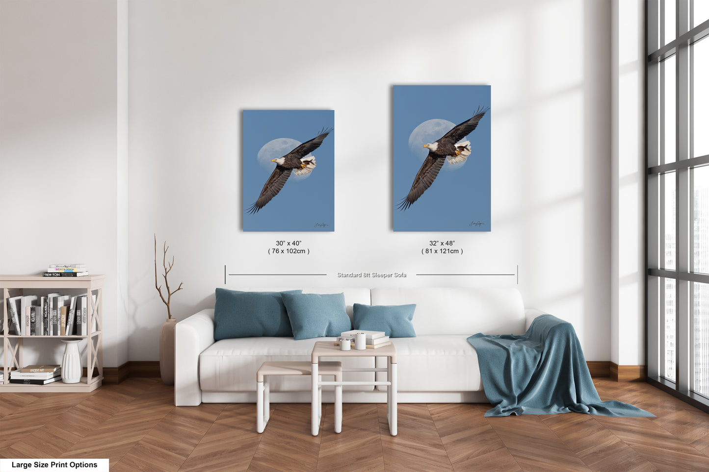 a living room with a white sofa, a coffee table, and a bookshelf. There are two framed prints of a bird in flight on the wall, one larger print and one smaller print. The larger print is 30 x 47 cm and the smaller print is 32 x 48 cm.