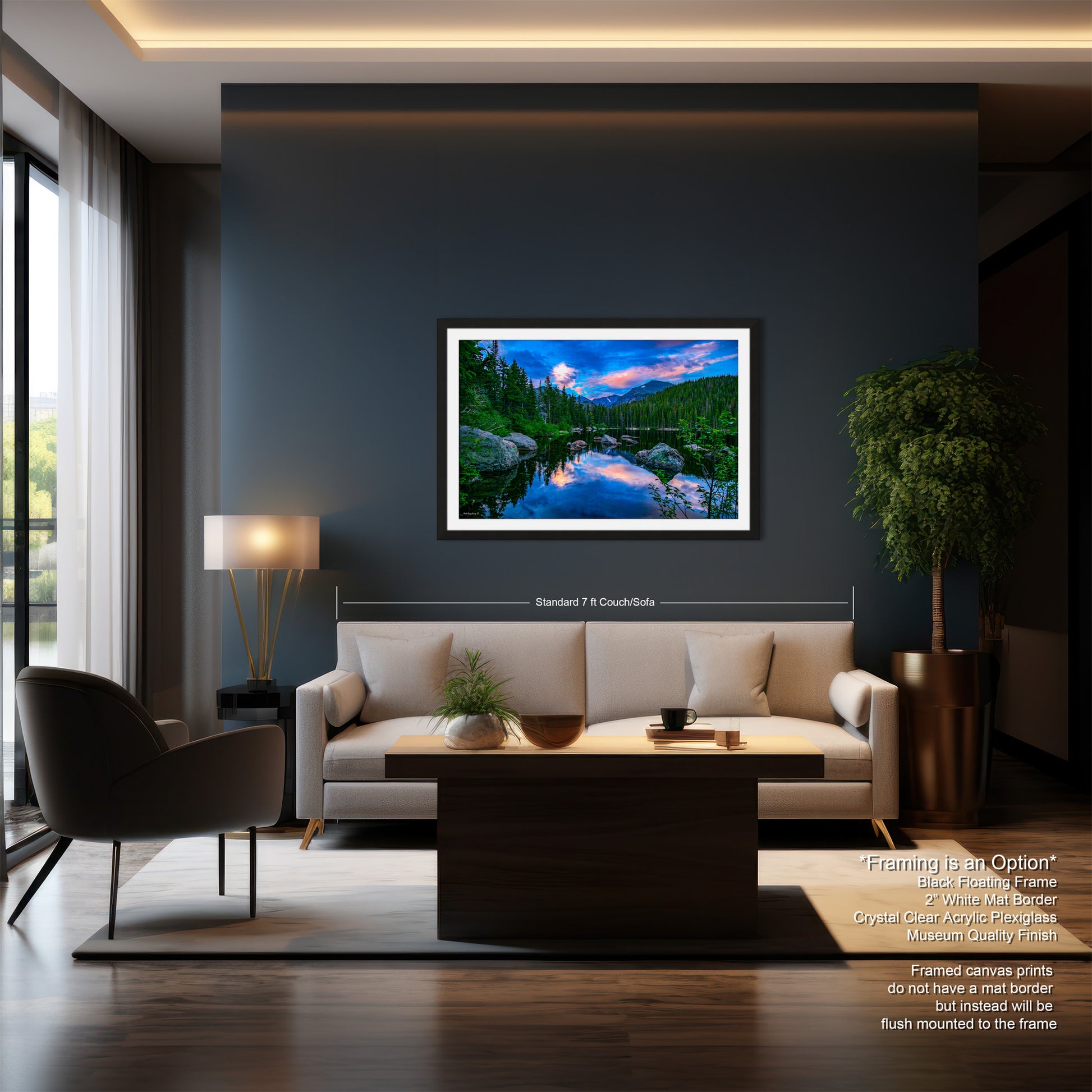 a living room with a couch a table and a painting on the wall