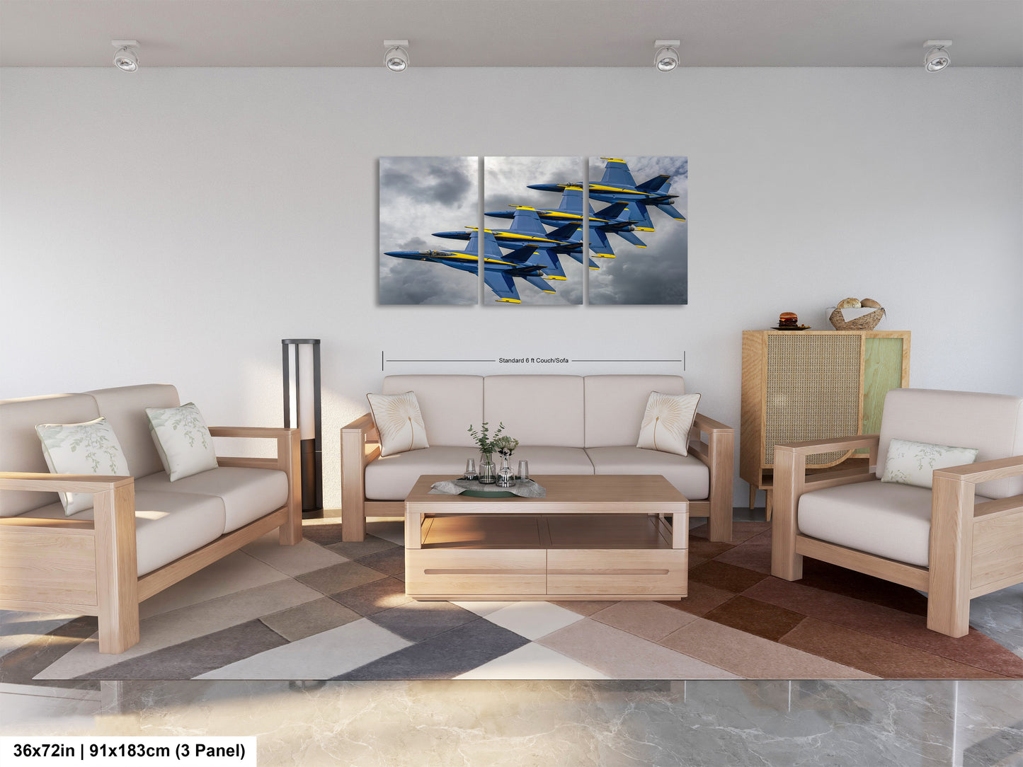 a living room filled with furniture and a painting on the wall