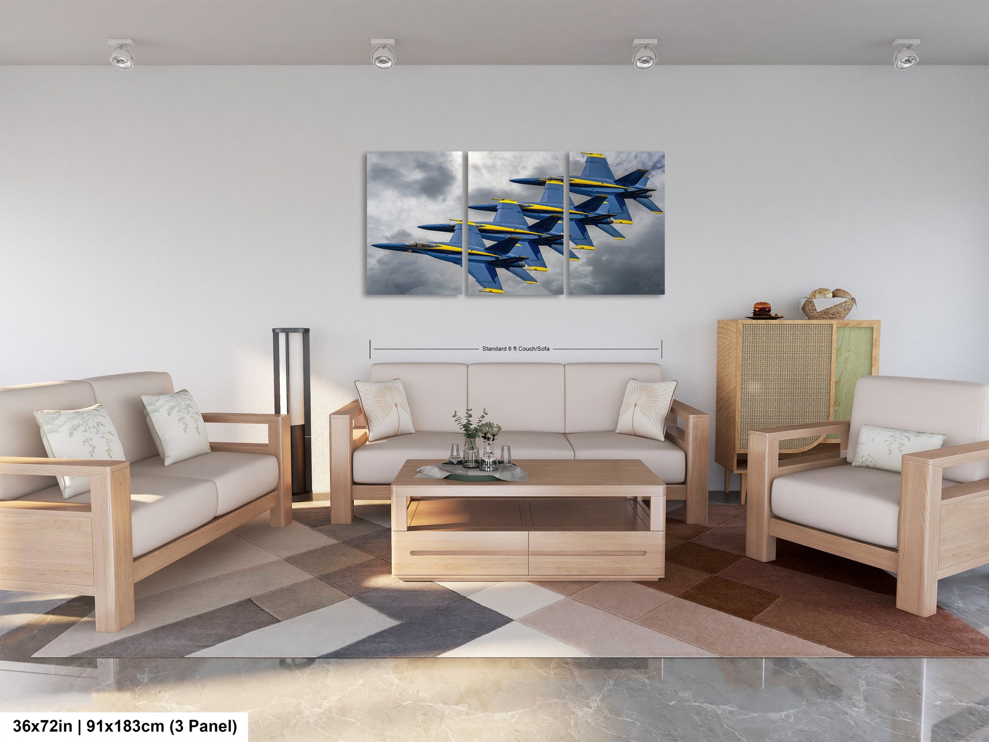 a living room filled with furniture and a painting on the wall