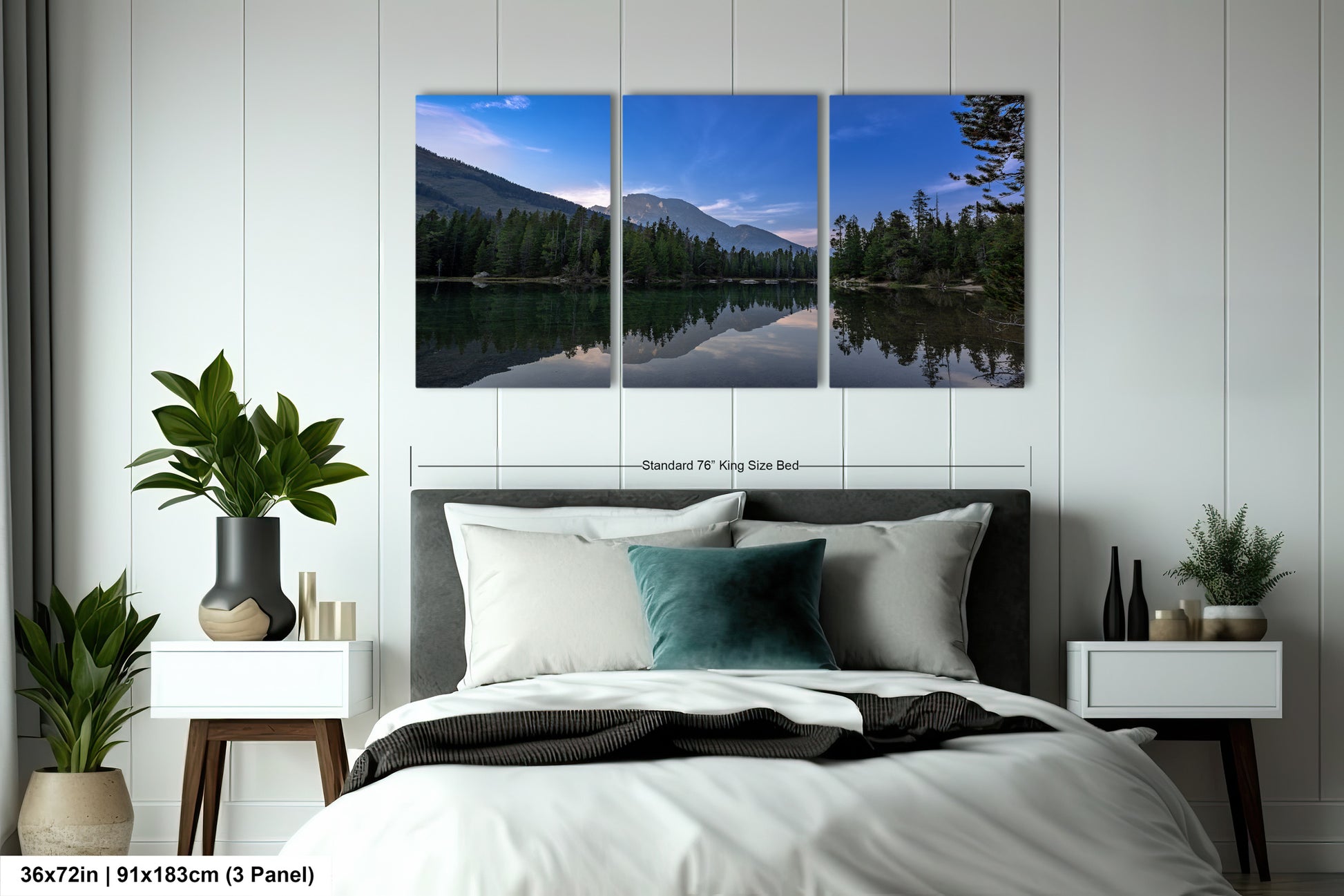 a bedroom with a large bed and three paintings on the wall