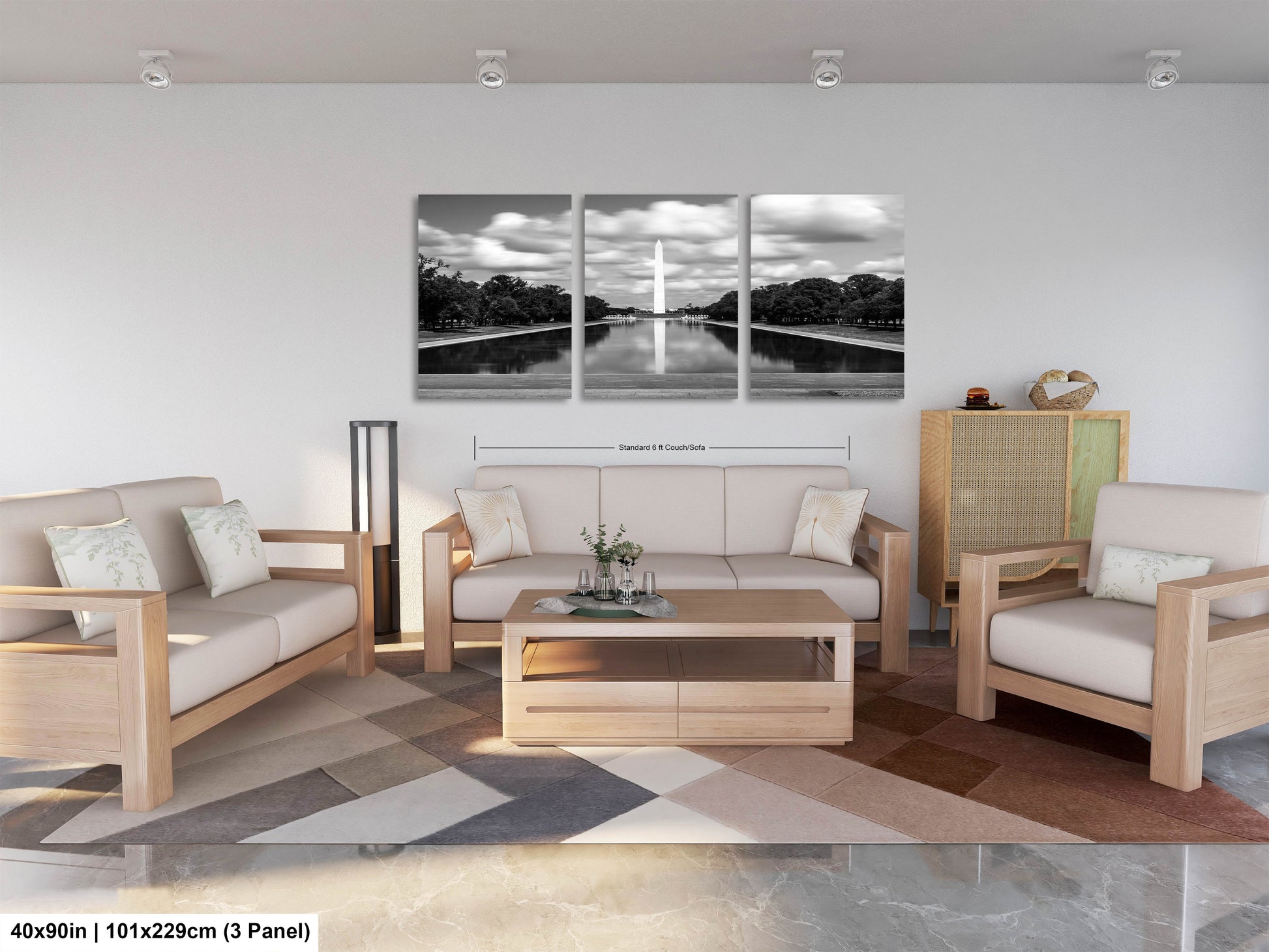 a living room filled with furniture and a painting on the wall