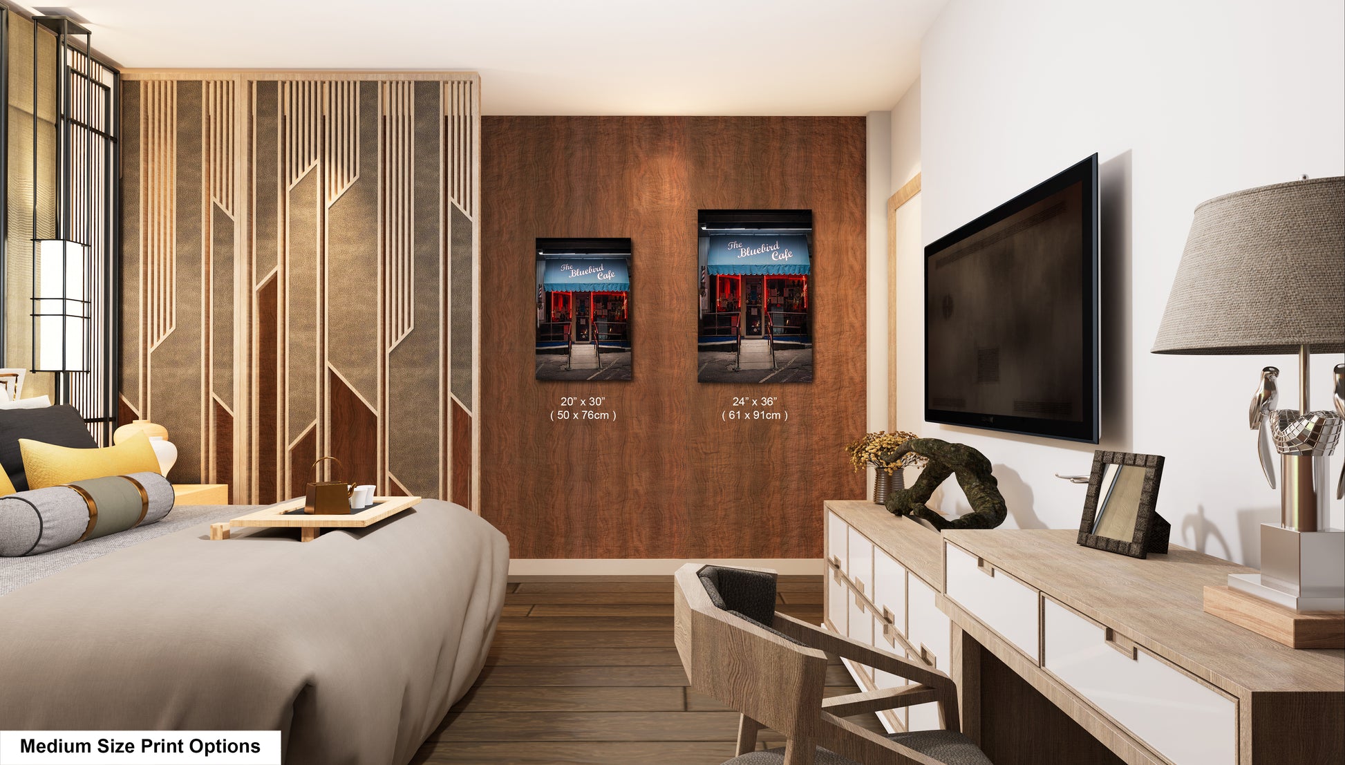 a bedroom with a large bed and a flat screen tv