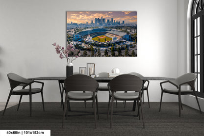 a dining room table with a view of a stadium