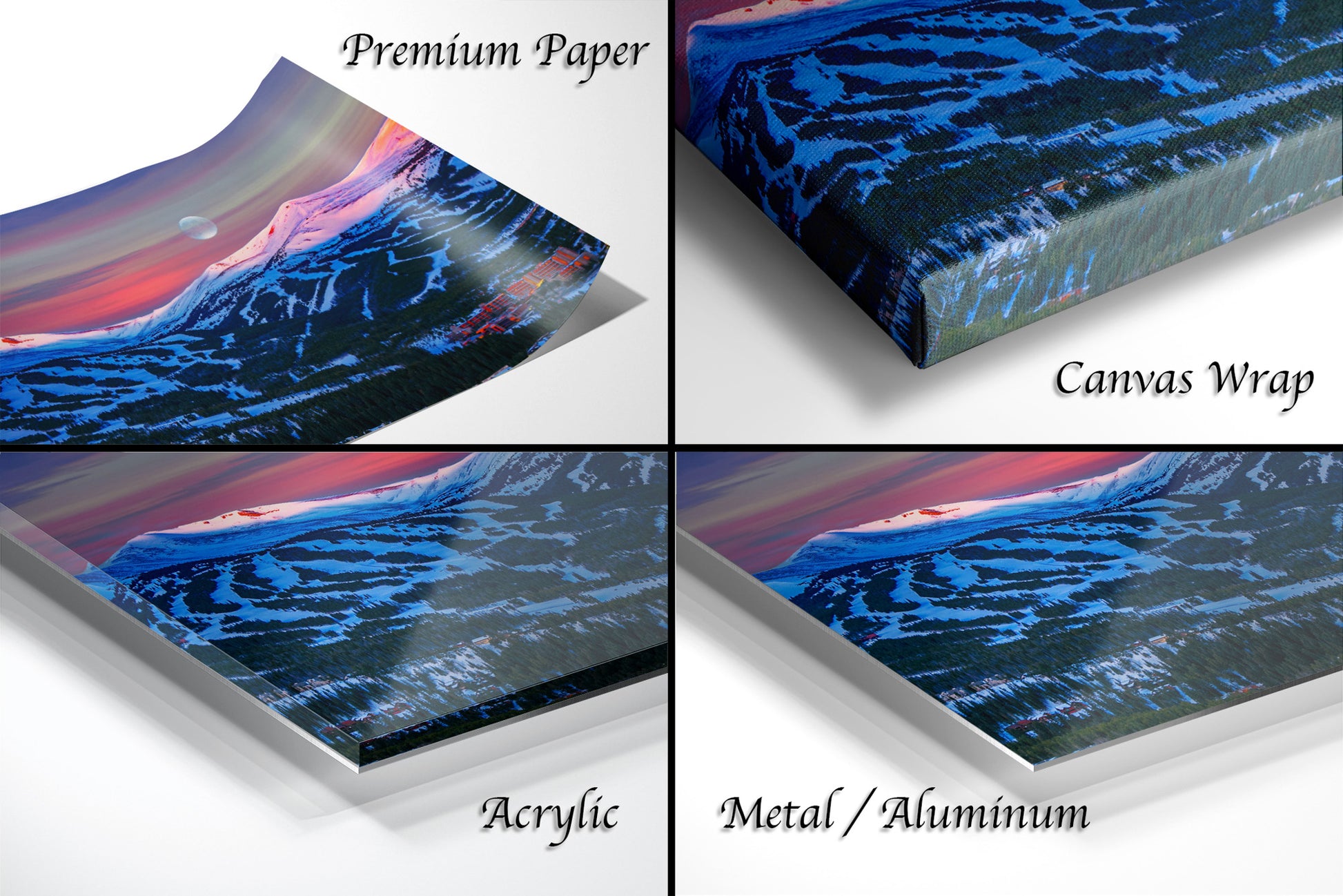 a series of four images of a mountain range